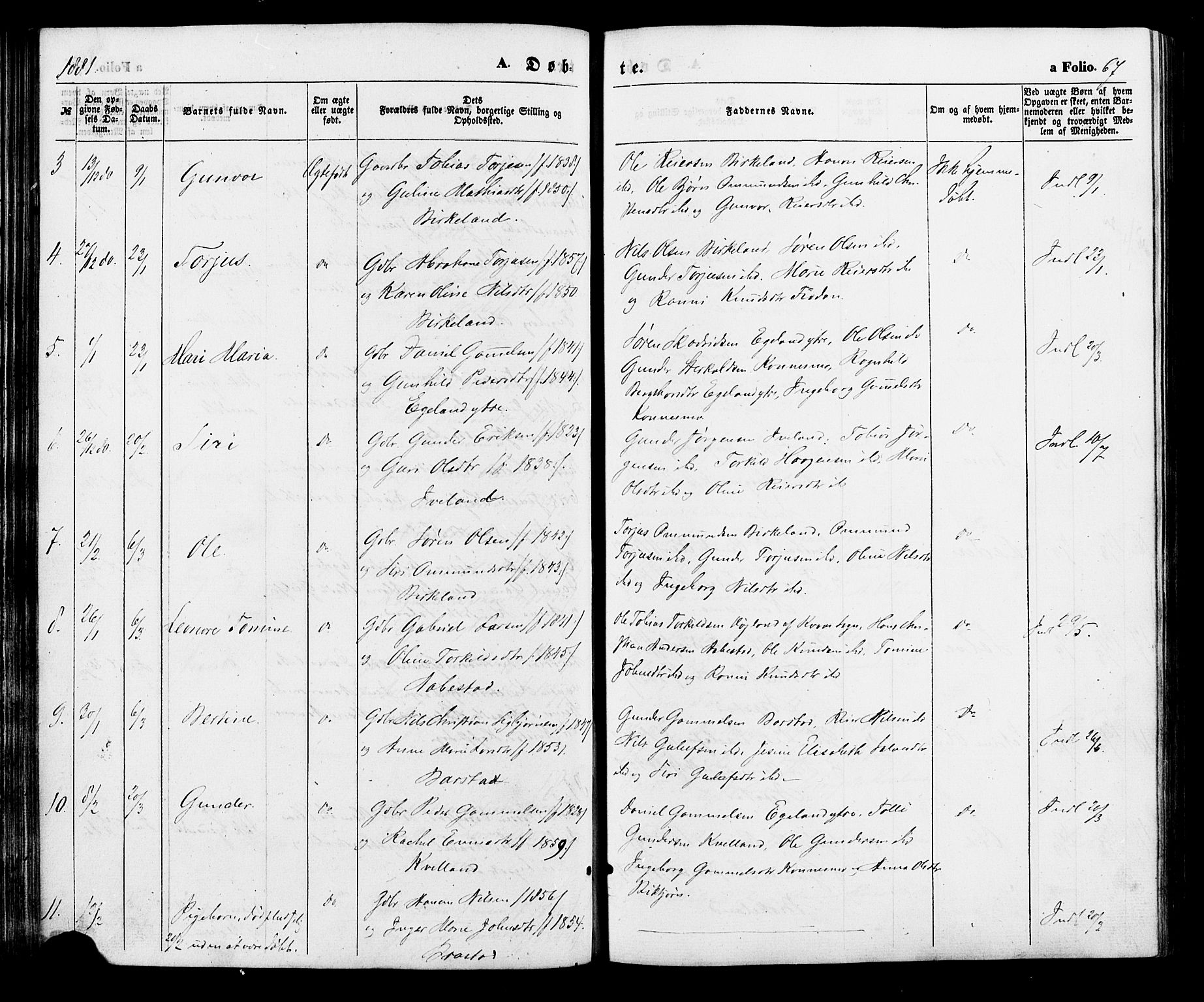 Nord-Audnedal sokneprestkontor, AV/SAK-1111-0032/F/Fa/Faa/L0002: Parish register (official) no. A 2, 1857-1882, p. 67