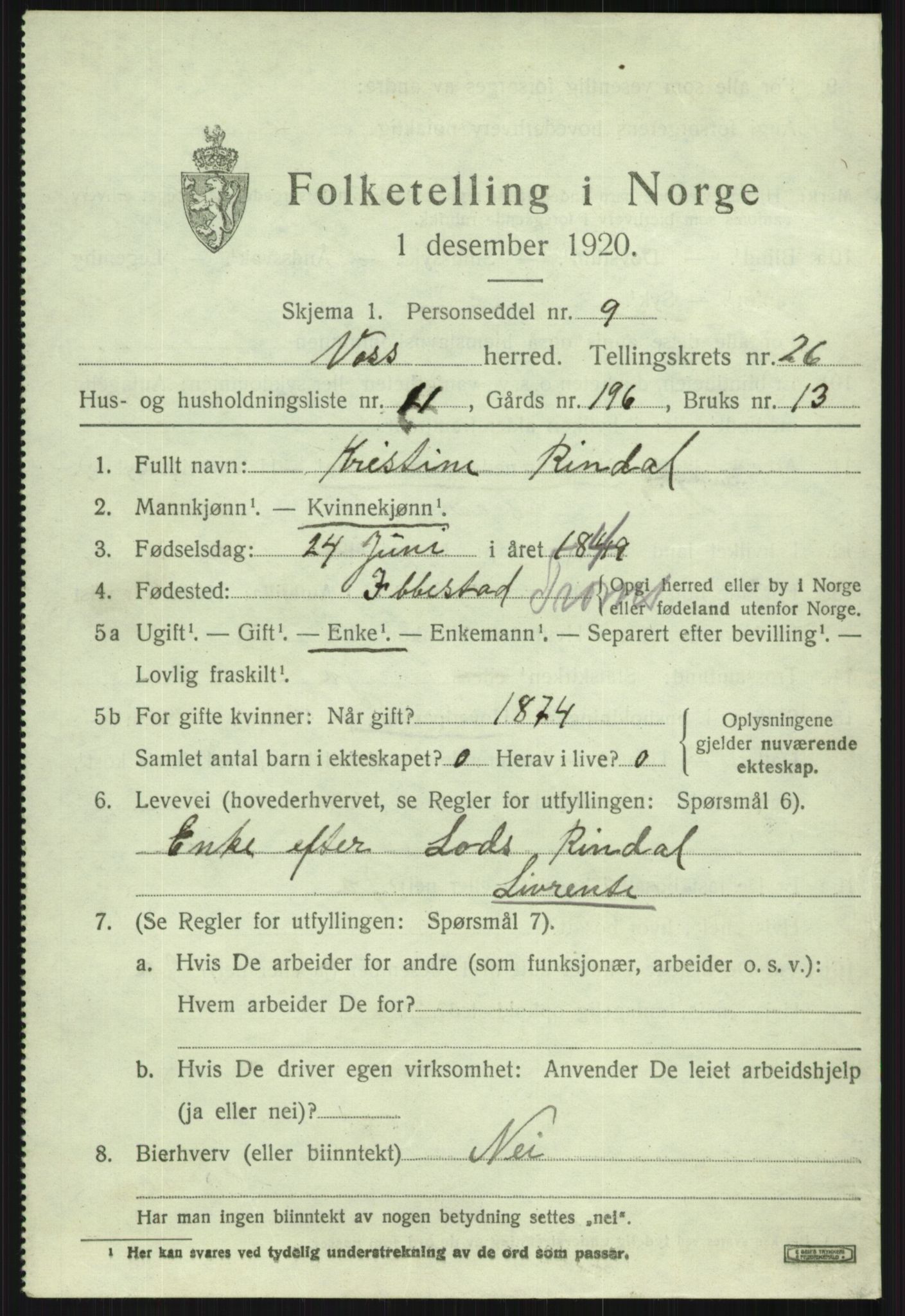 SAB, 1920 census for Voss, 1920, p. 18085