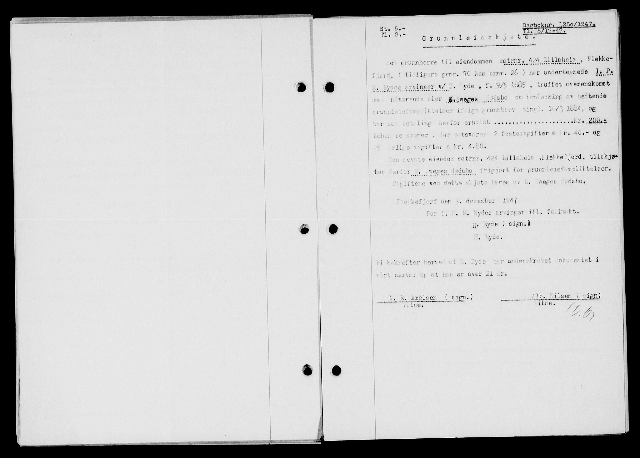 Flekkefjord sorenskriveri, AV/SAK-1221-0001/G/Gb/Gba/L0063: Mortgage book no. A-11, 1947-1948, Diary no: : 1250/1947