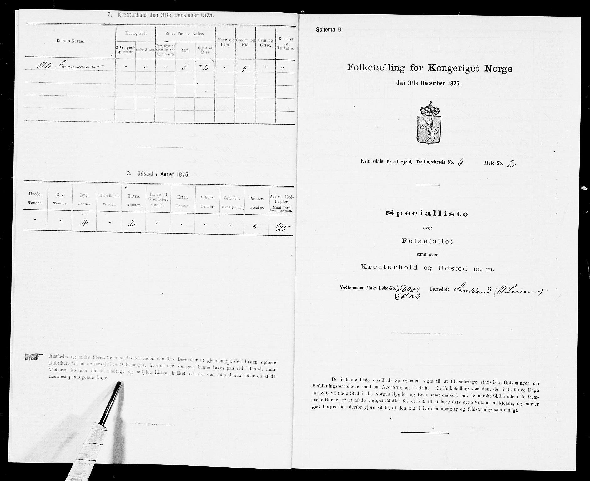 SAK, 1875 census for 1037P Kvinesdal, 1875, p. 915