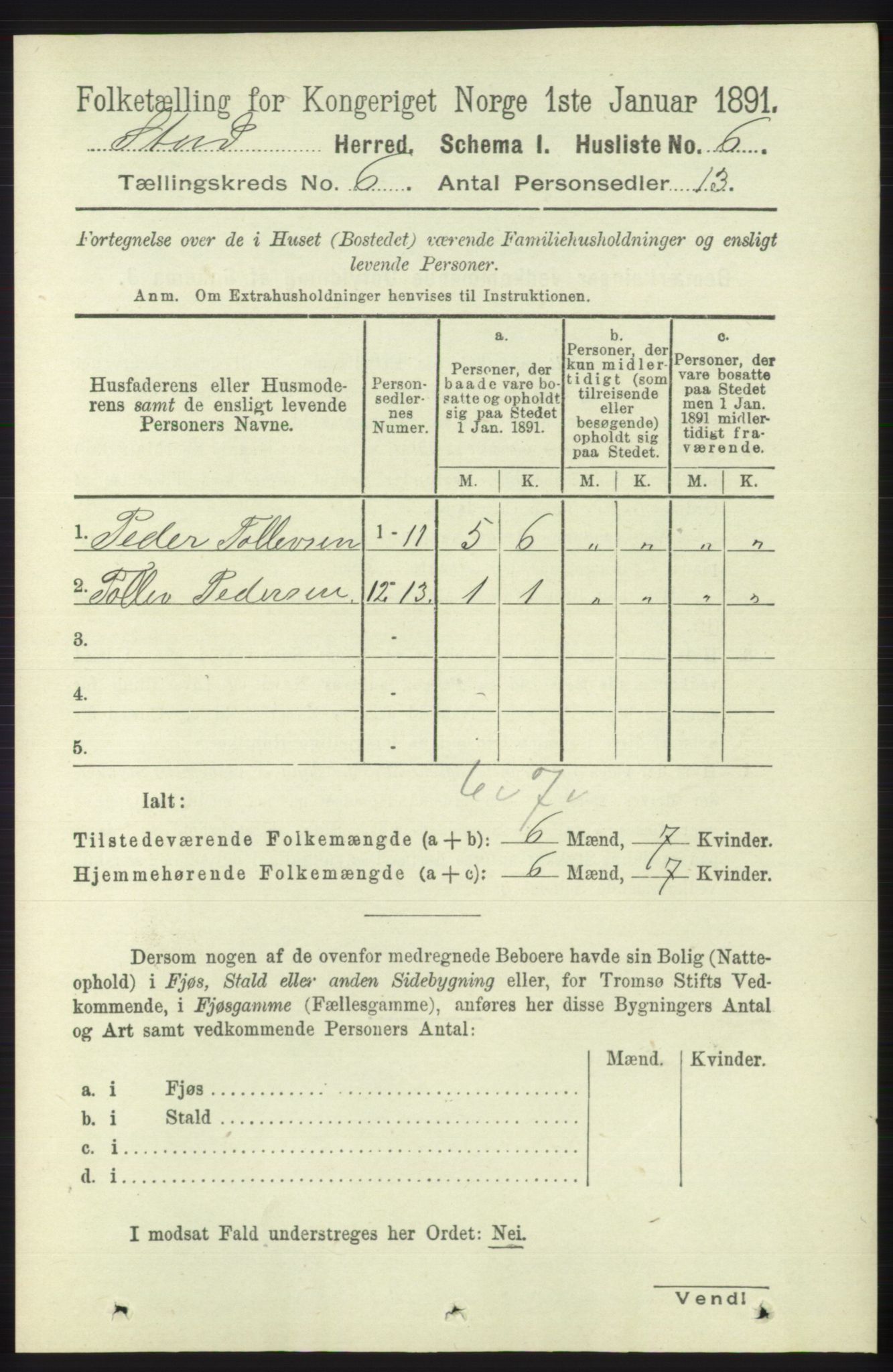 RA, 1891 census for 1221 Stord, 1891, p. 2076