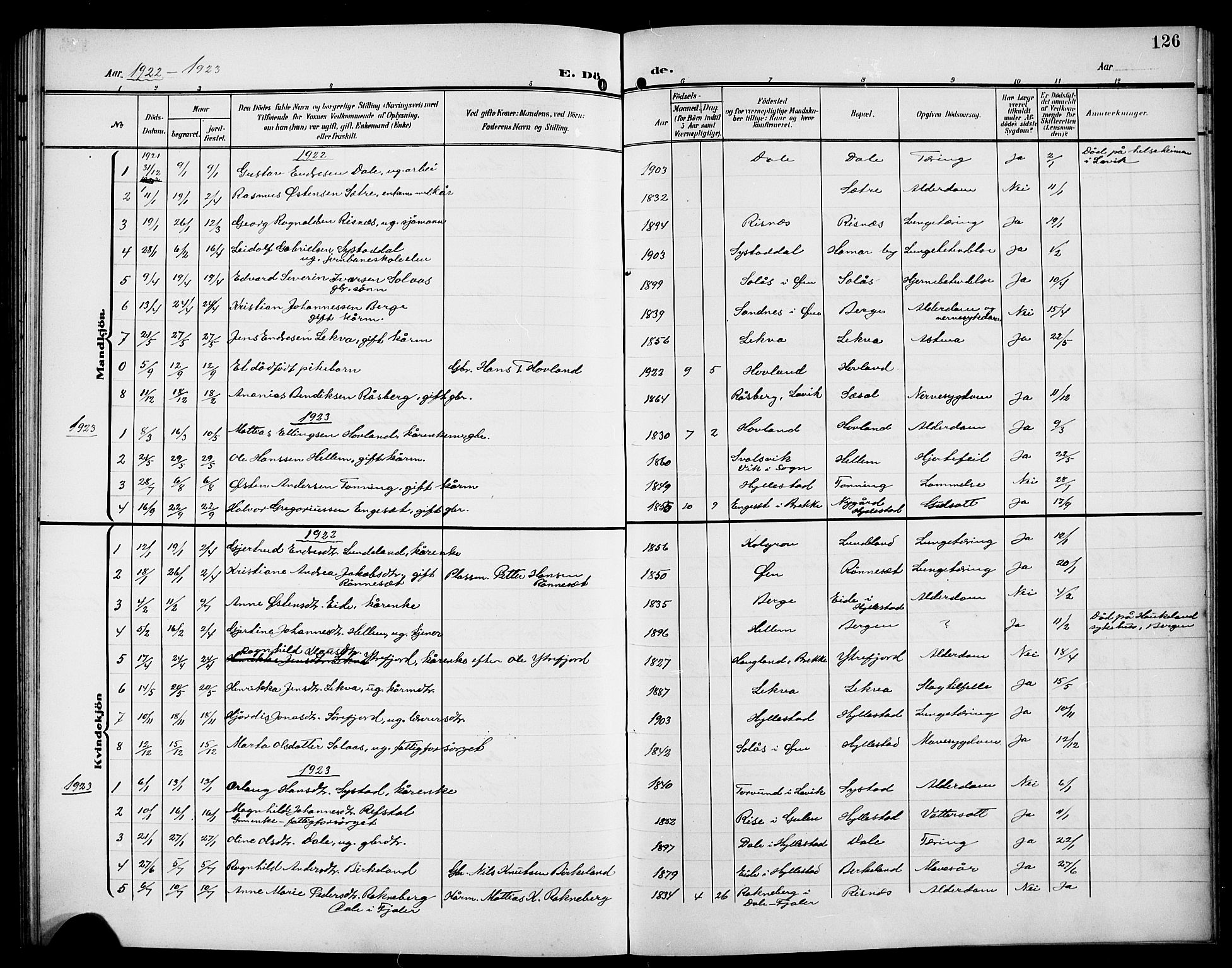 Hyllestad sokneprestembete, AV/SAB-A-80401: Parish register (copy) no. A 3, 1906-1925, p. 126