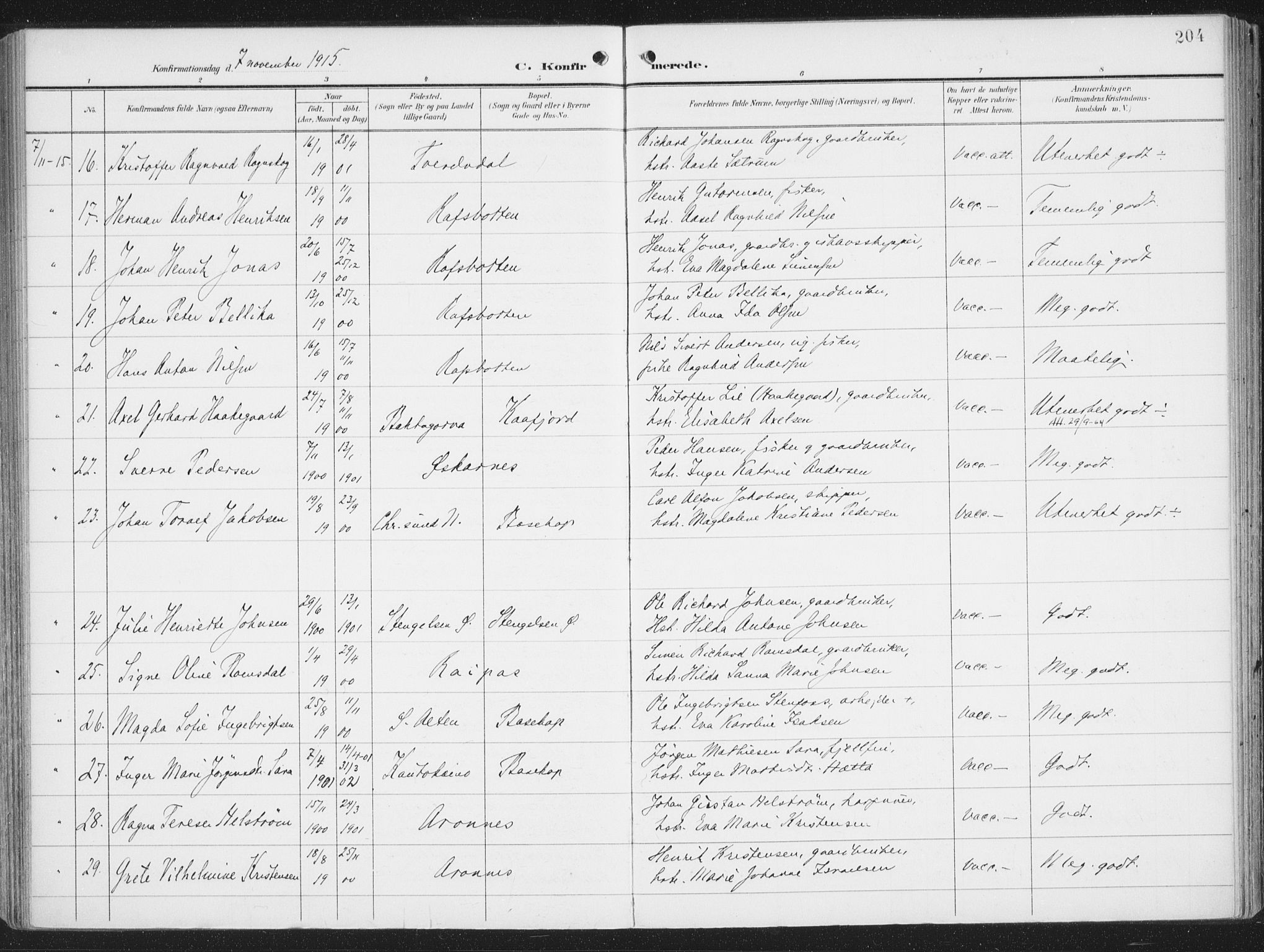 Alta sokneprestkontor, SATØ/S-1338/H/Ha/L0005.kirke: Parish register (official) no. 5, 1904-1918, p. 204
