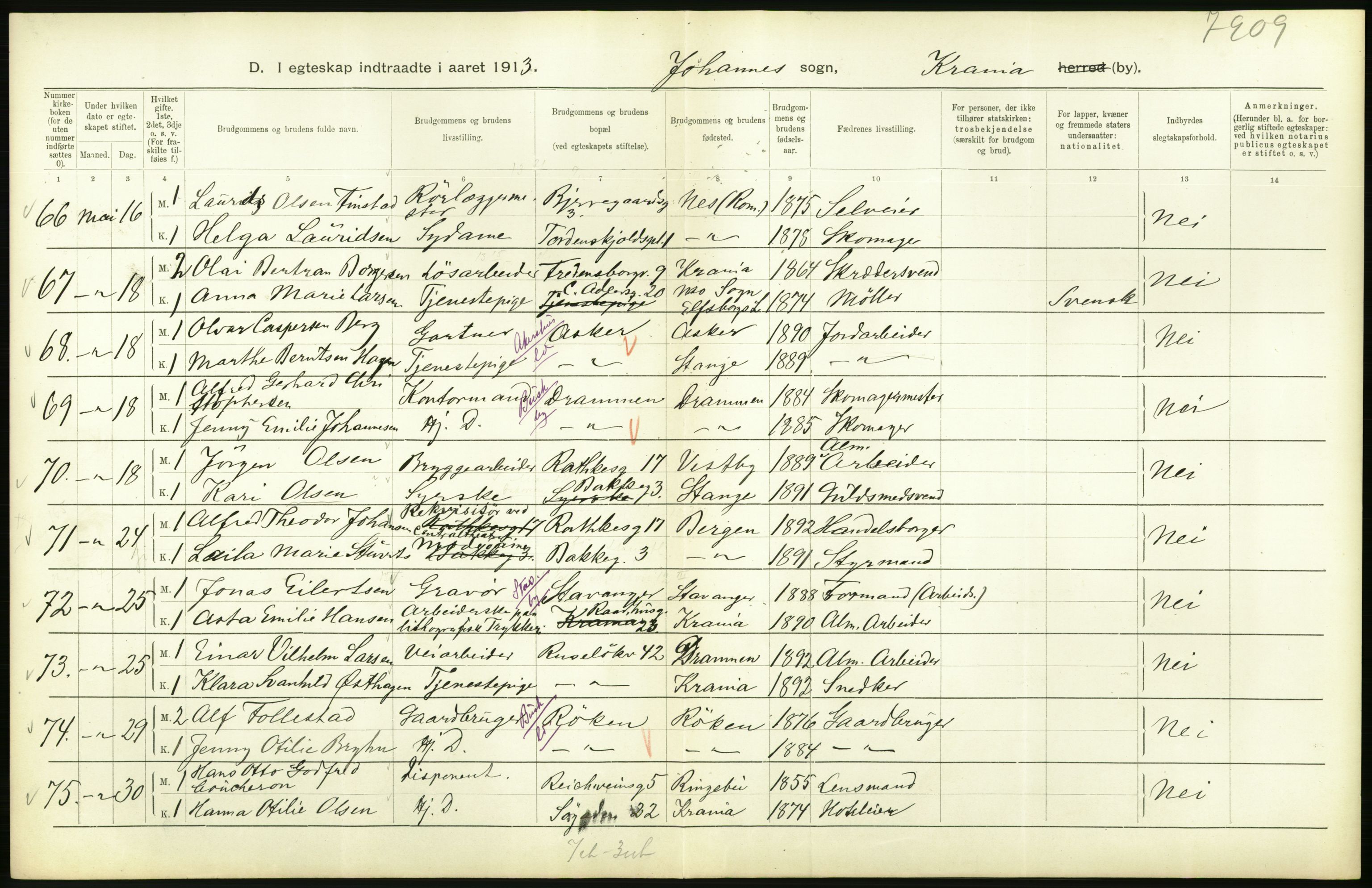 Statistisk sentralbyrå, Sosiodemografiske emner, Befolkning, AV/RA-S-2228/D/Df/Dfb/Dfbc/L0008: Kristiania: Gifte., 1913, p. 738