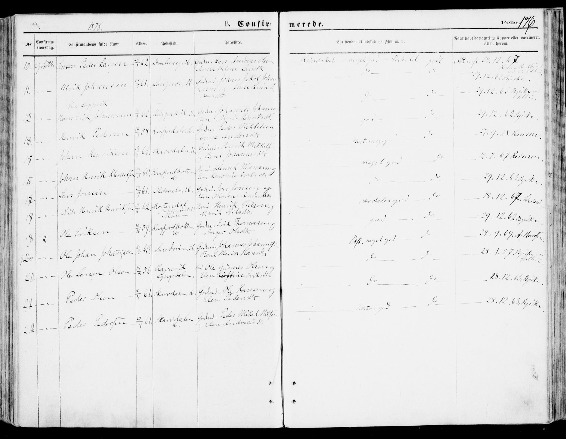 Lyngen sokneprestembete, AV/SATØ-S-1289/H/He/Hea/L0006kirke: Parish register (official) no. 6, 1870-1878, p. 176