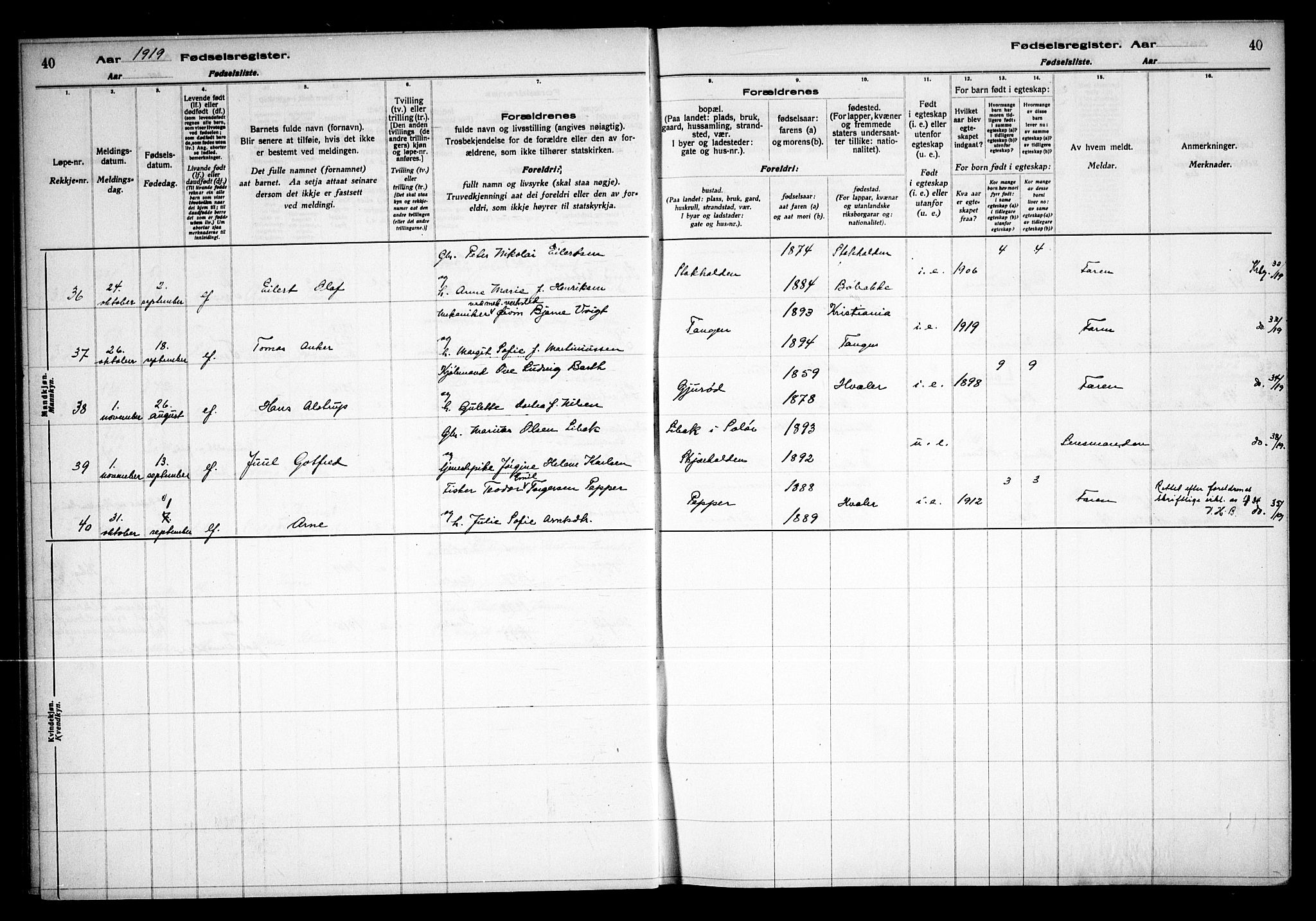 Hvaler prestekontor Kirkebøker, AV/SAO-A-2001/J/Ja/L0001: Birth register no. I 1, 1916-1938, p. 40