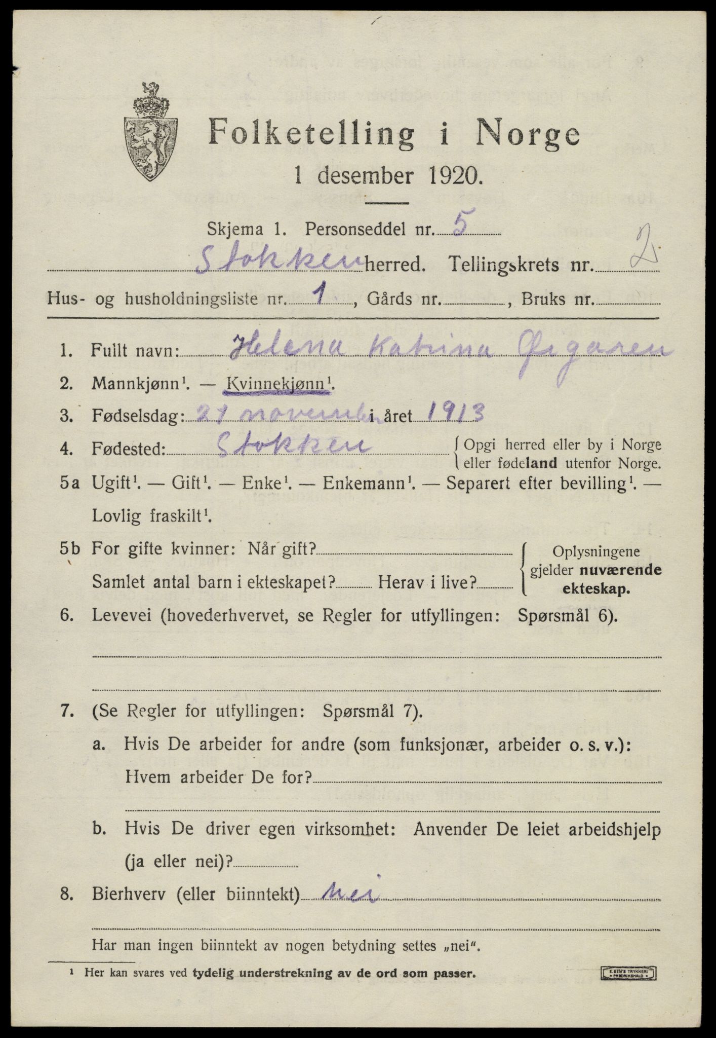 SAK, 1920 census for Stokken, 1920, p. 1496