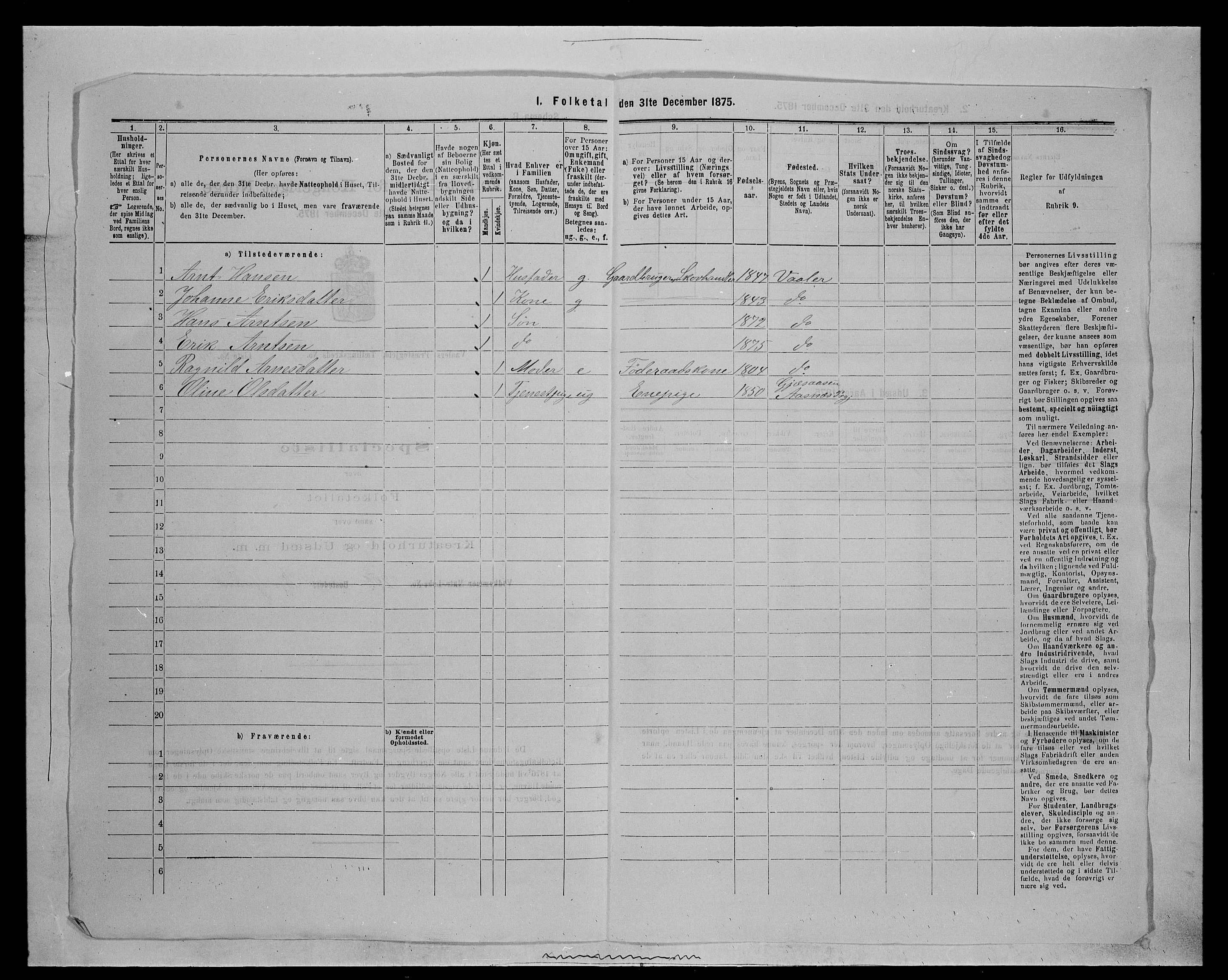 SAH, 1875 census for 0426P Våler parish (Hedmark), 1875, p. 1018