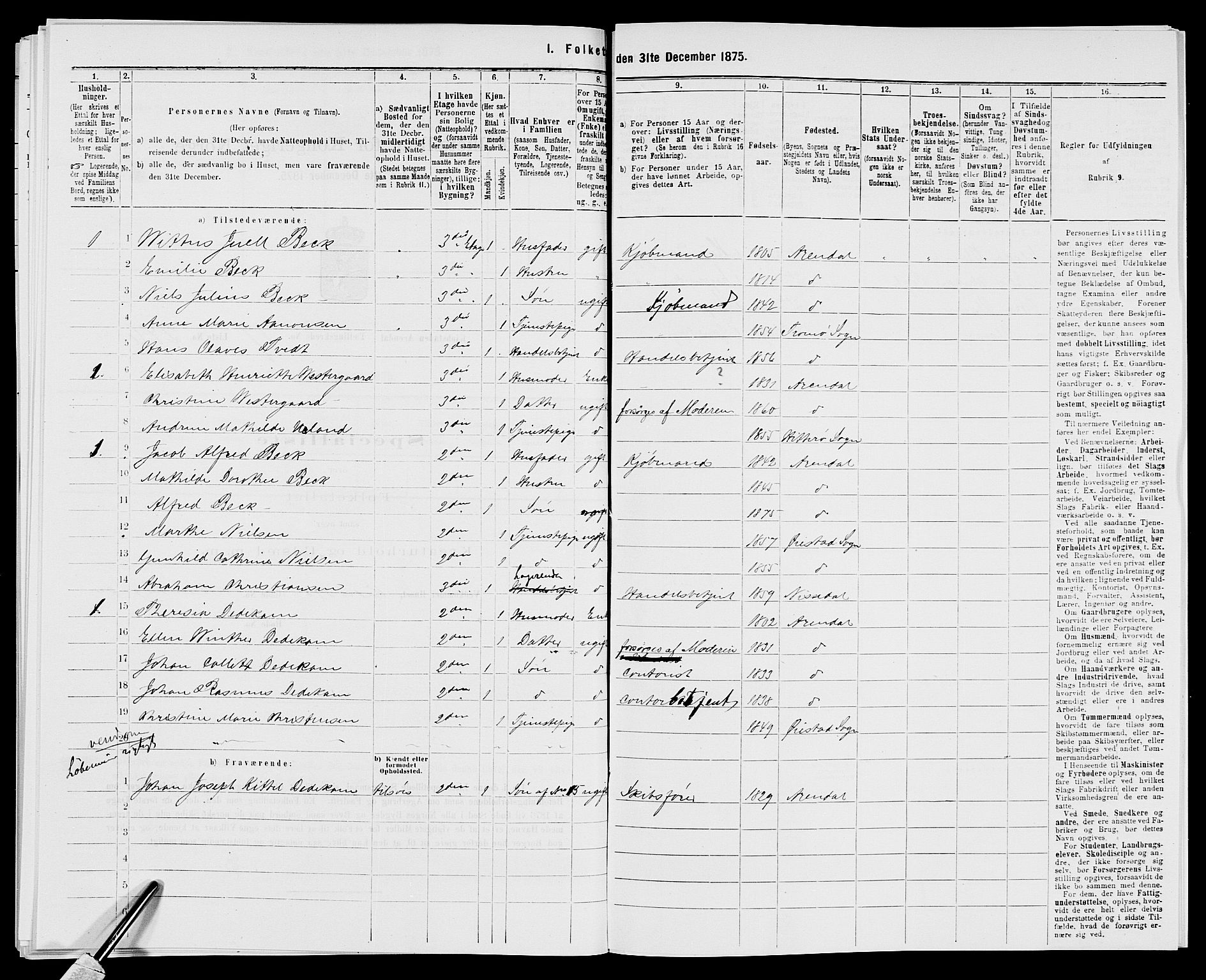 SAK, 1875 census for 0903P Arendal, 1875, p. 574