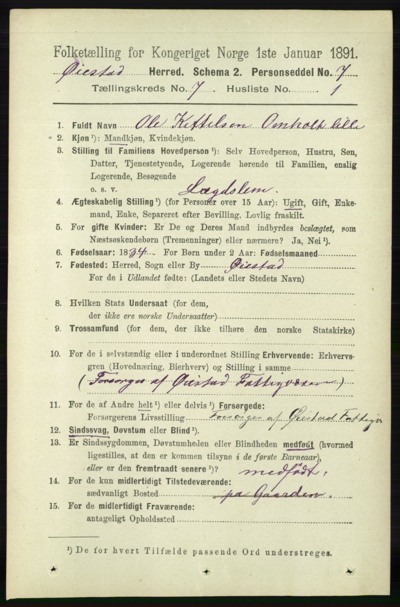 RA, 1891 census for 0920 Øyestad, 1891, p. 2661