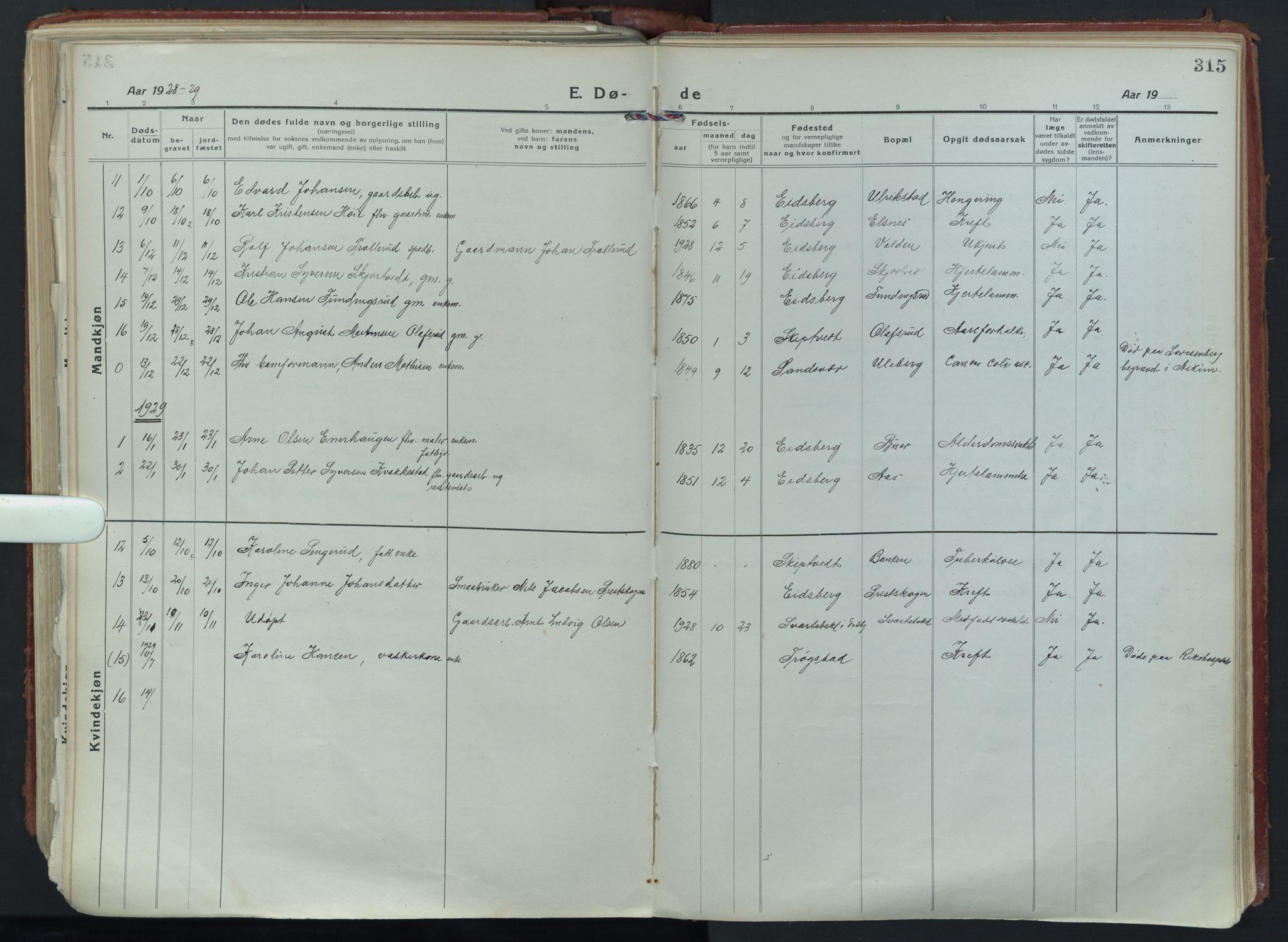 Eidsberg prestekontor Kirkebøker, AV/SAO-A-10905/F/Fa/L0015: Parish register (official) no. I 15, 1920-1937, p. 315