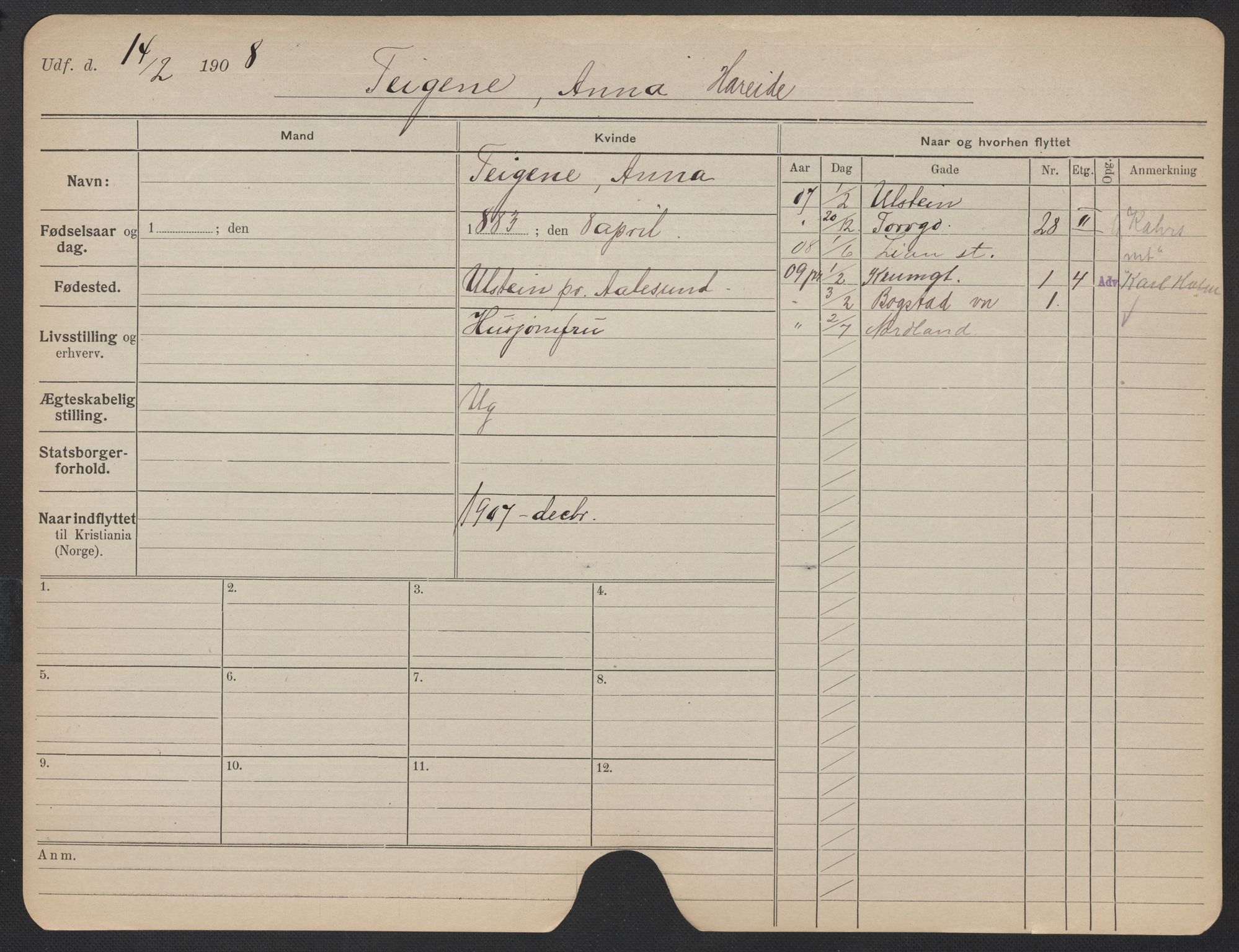 Oslo folkeregister, Registerkort, AV/SAO-A-11715/F/Fa/Fac/L0024: Kvinner, 1906-1914, p. 1049a