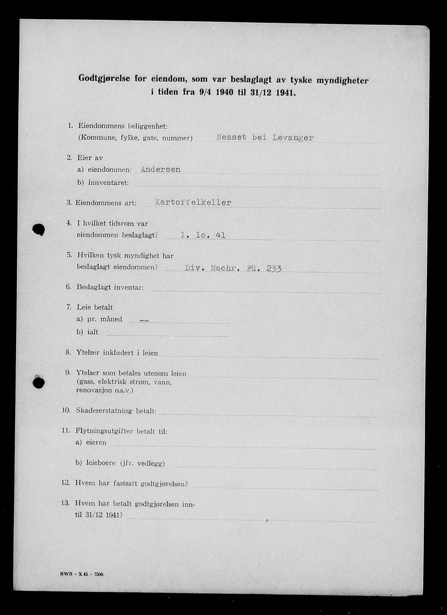 Justisdepartementet, Tilbakeføringskontoret for inndratte formuer, RA/S-1564/I/L1018: Godtgjørelse for beslaglagt eiendom, 1940-1941, p. 273