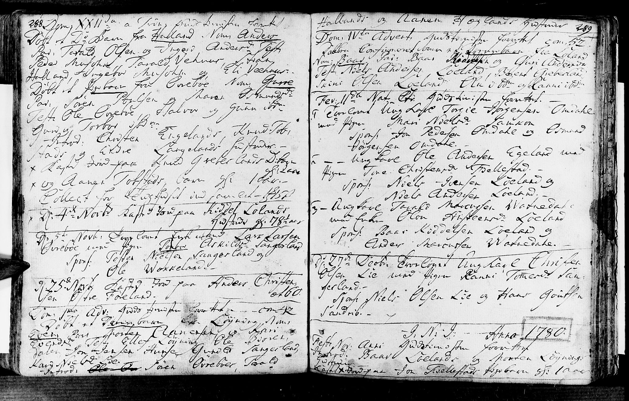 Vennesla sokneprestkontor, SAK/1111-0045/Fa/Fac/L0001: Parish register (official) no. A 1, 1743-1784, p. 288-289