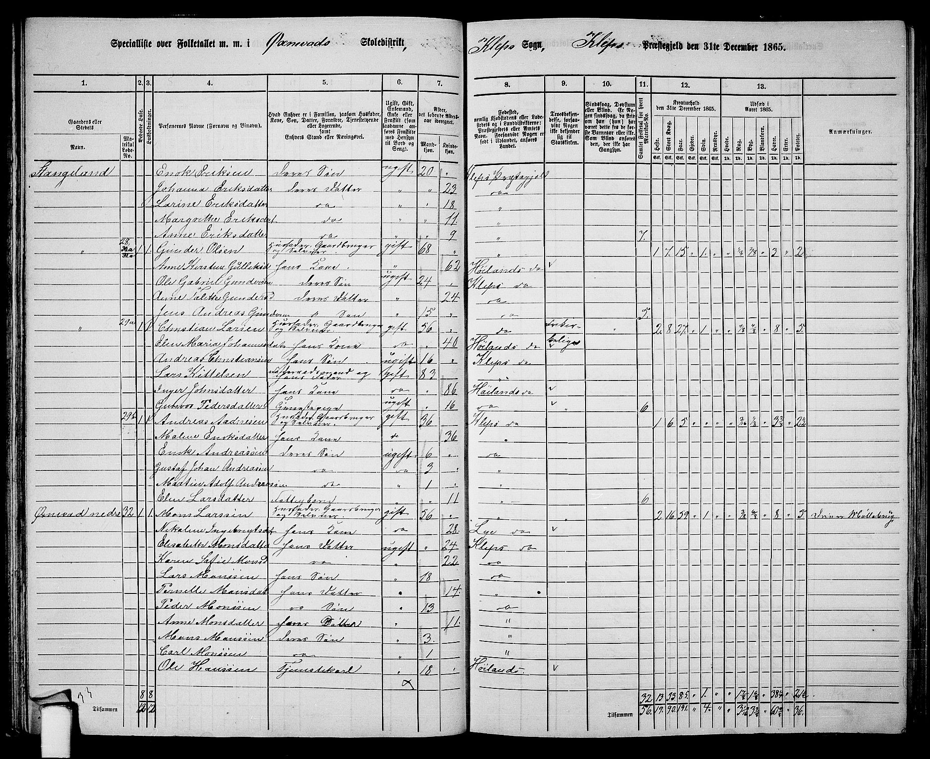 RA, 1865 census for Klepp, 1865, p. 32