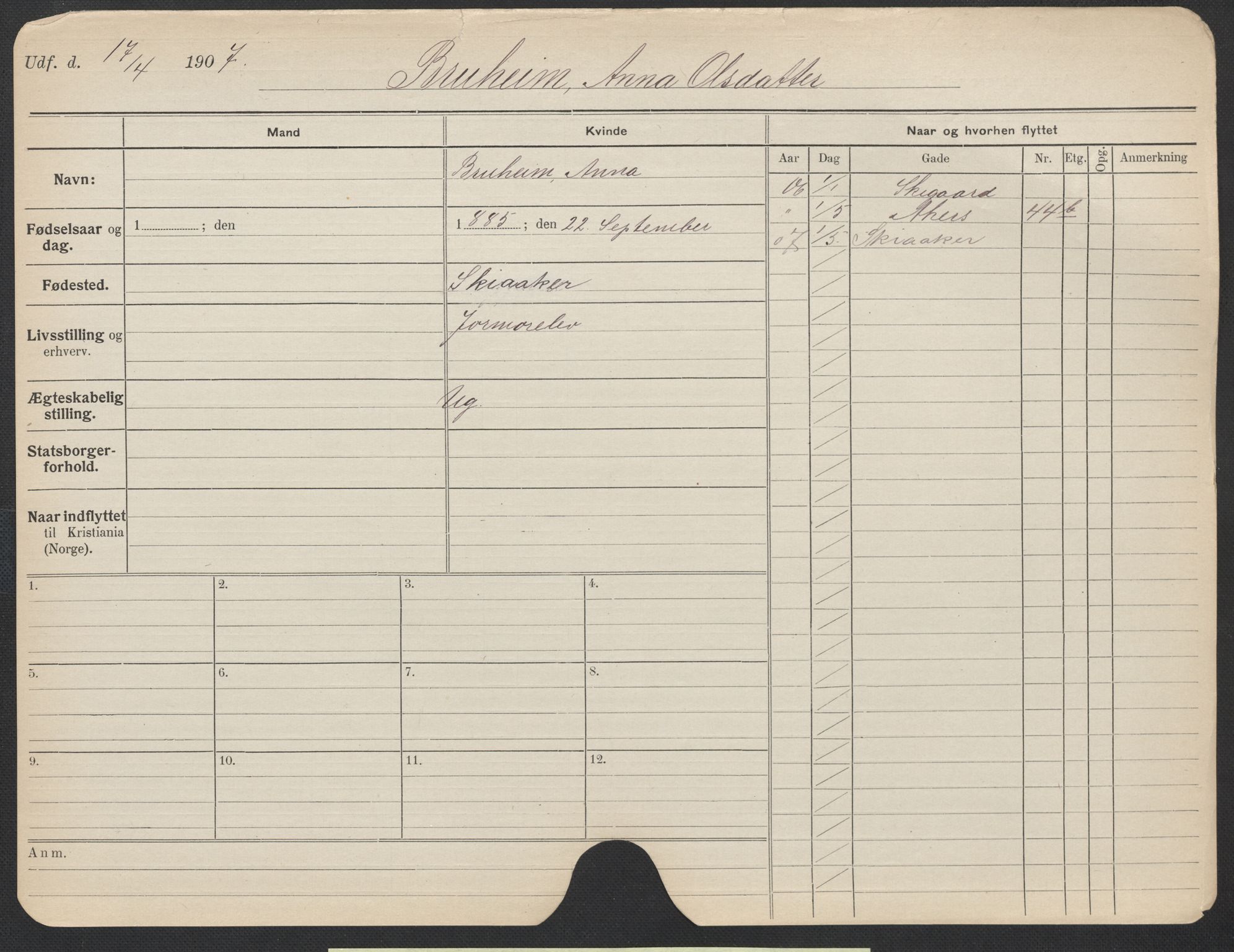 Oslo folkeregister, Registerkort, AV/SAO-A-11715/F/Fa/Fac/L0013: Kvinner, 1906-1914, p. 880a