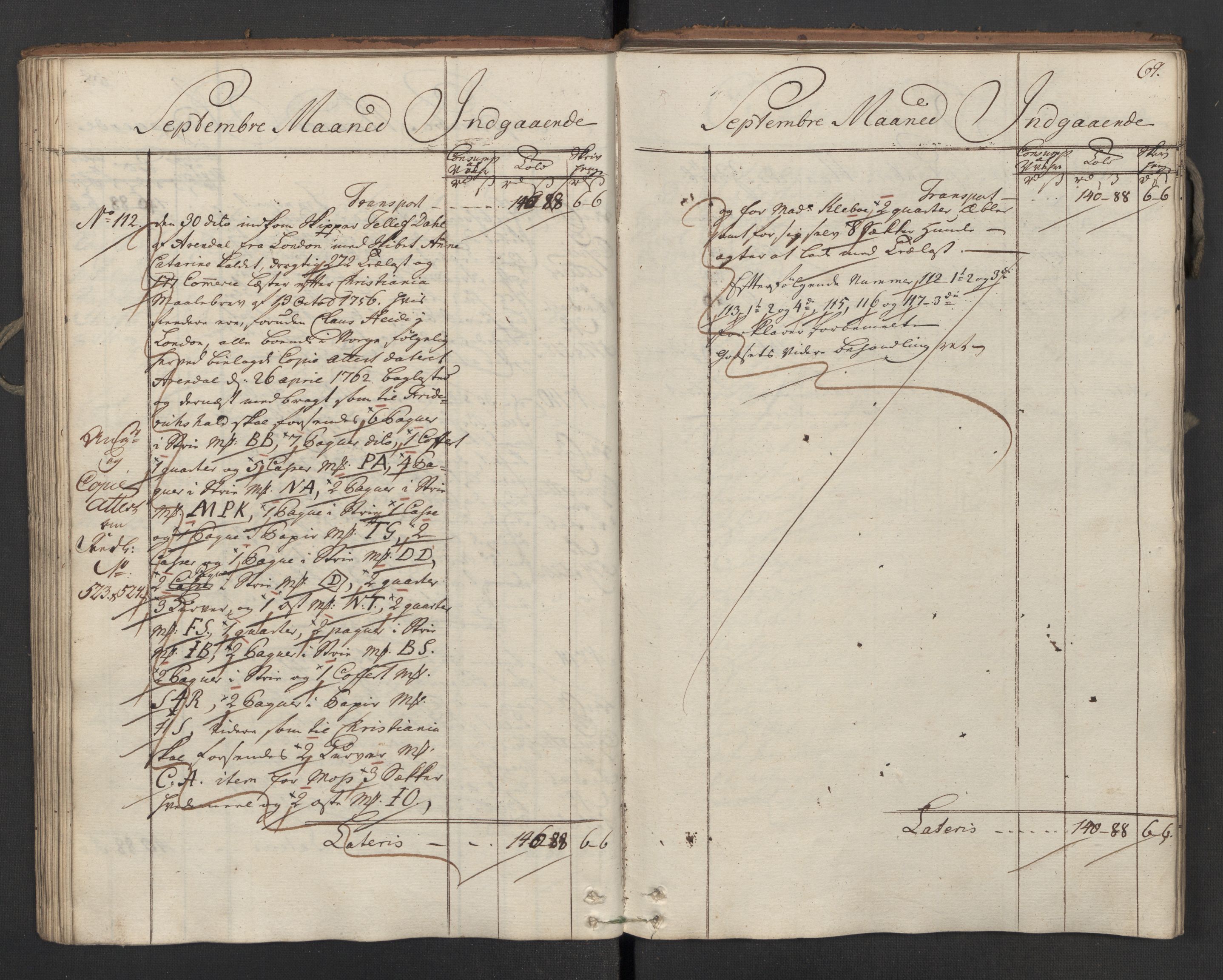 Generaltollkammeret, tollregnskaper, AV/RA-EA-5490/R02/L0034/0001: Tollregnskaper Fredrikstad / Inngående hovedtollbok, 1762, p. 68b-69a