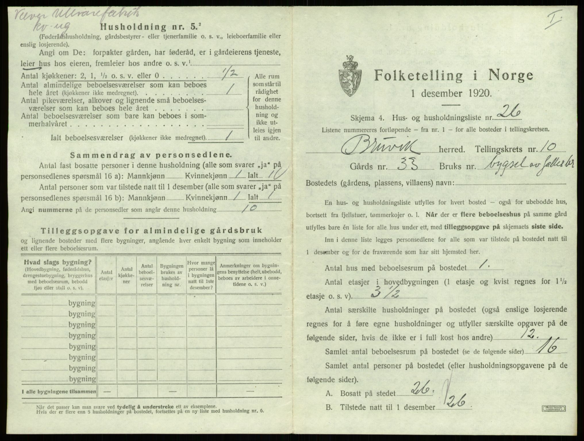 SAB, 1920 census for Bruvik, 1920, p. 810