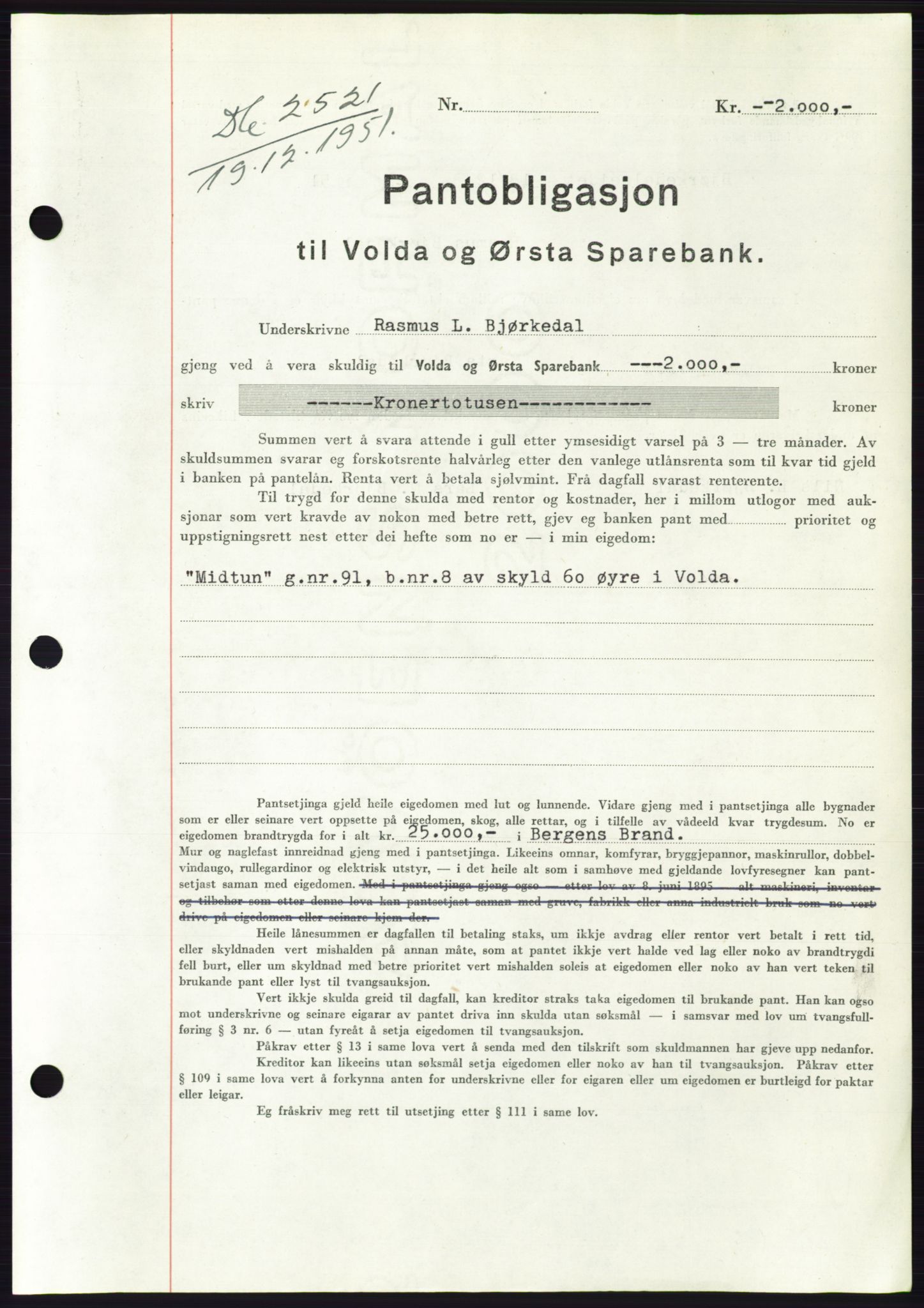 Søre Sunnmøre sorenskriveri, AV/SAT-A-4122/1/2/2C/L0121: Mortgage book no. 9B, 1951-1952, Diary no: : 2521/1951