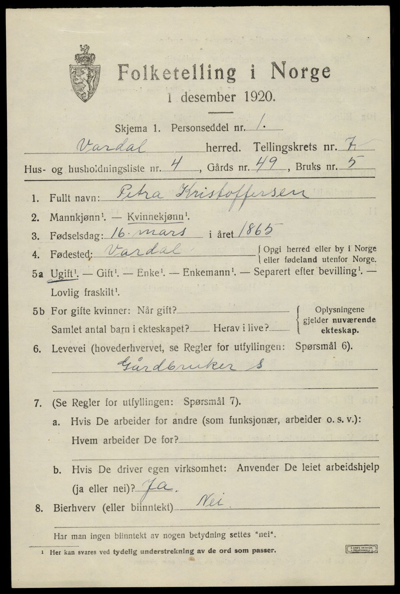 SAH, 1920 census for Vardal, 1920, p. 4879