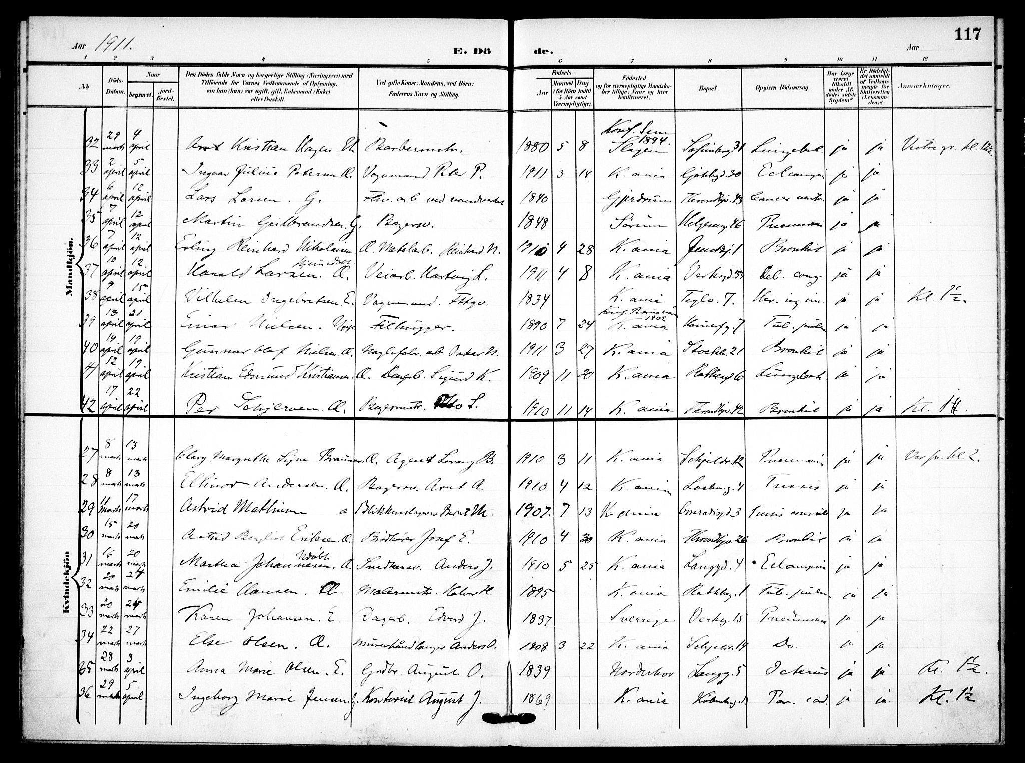 Petrus prestekontor Kirkebøker, AV/SAO-A-10872/F/Fa/L0010: Parish register (official) no. 10, 1904-1916, p. 117