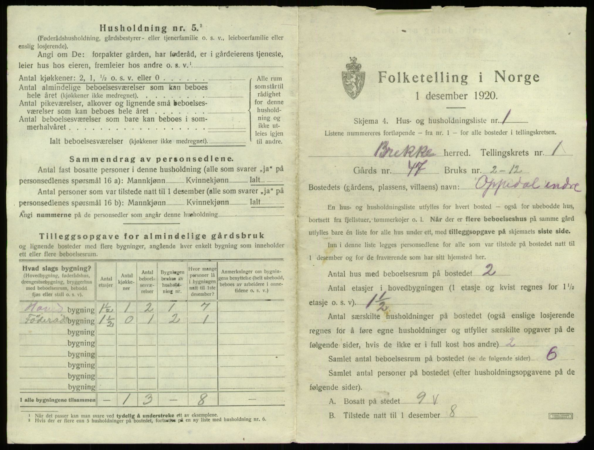 SAB, 1920 census for Brekke, 1920, p. 33