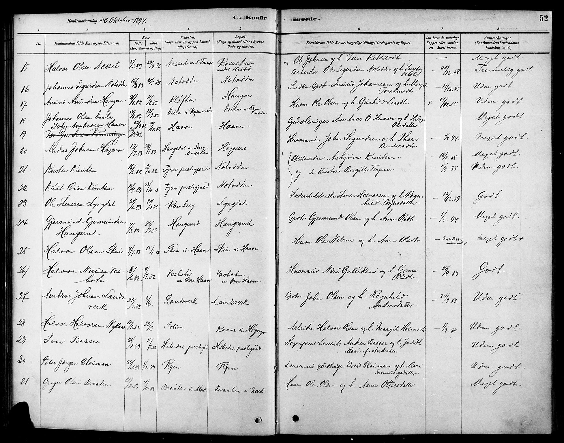 Heddal kirkebøker, SAKO/A-268/F/Fa/L0009: Parish register (official) no. I 9, 1878-1903, p. 52