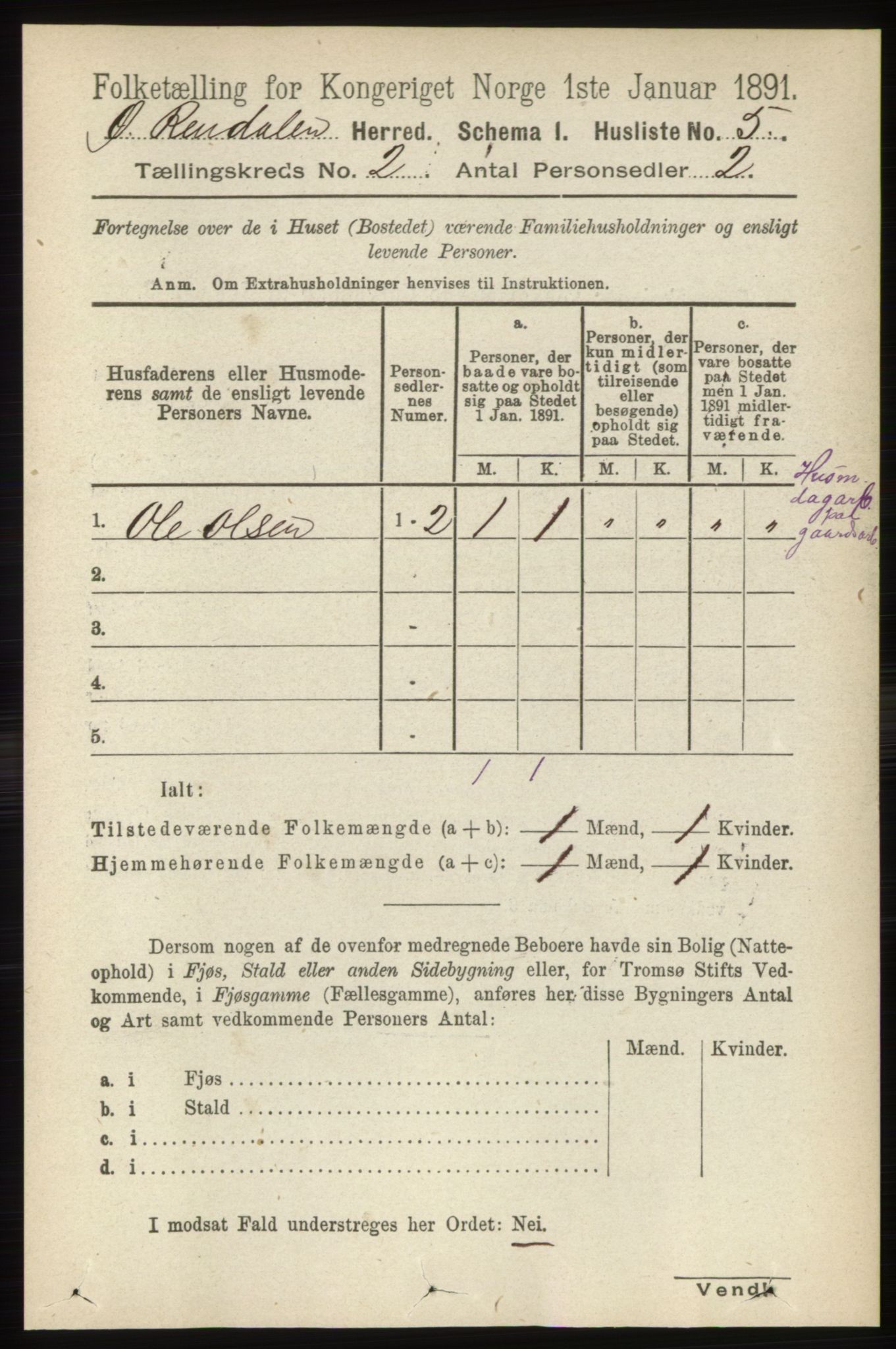 RA, 1891 census for 0433 Øvre Rendal, 1891, p. 338