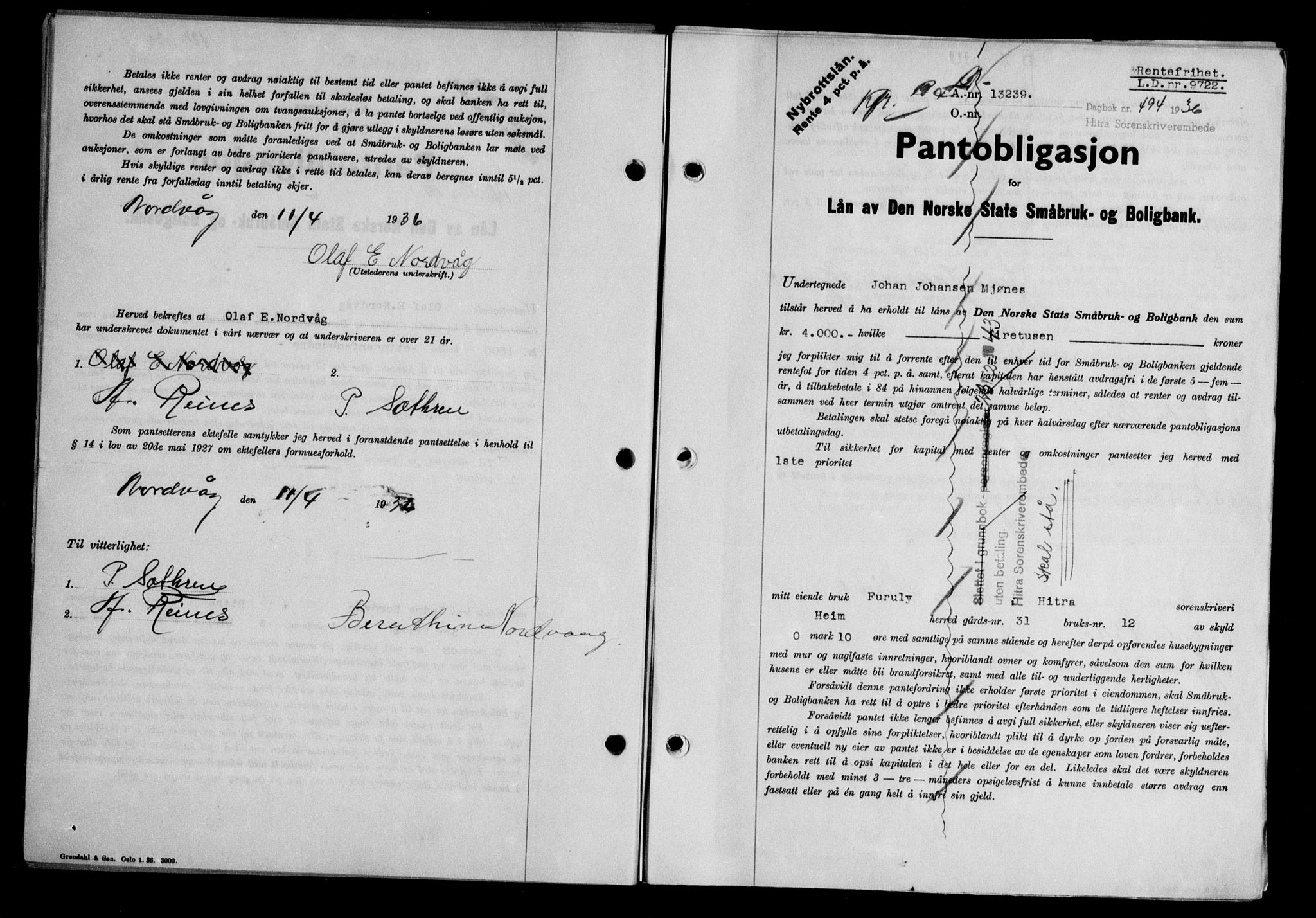 Hitra sorenskriveri, AV/SAT-A-0018/2/2C/2Ca/L0028: Mortgage book no. B-1, 1936-1939, Diary no: : 494/1936