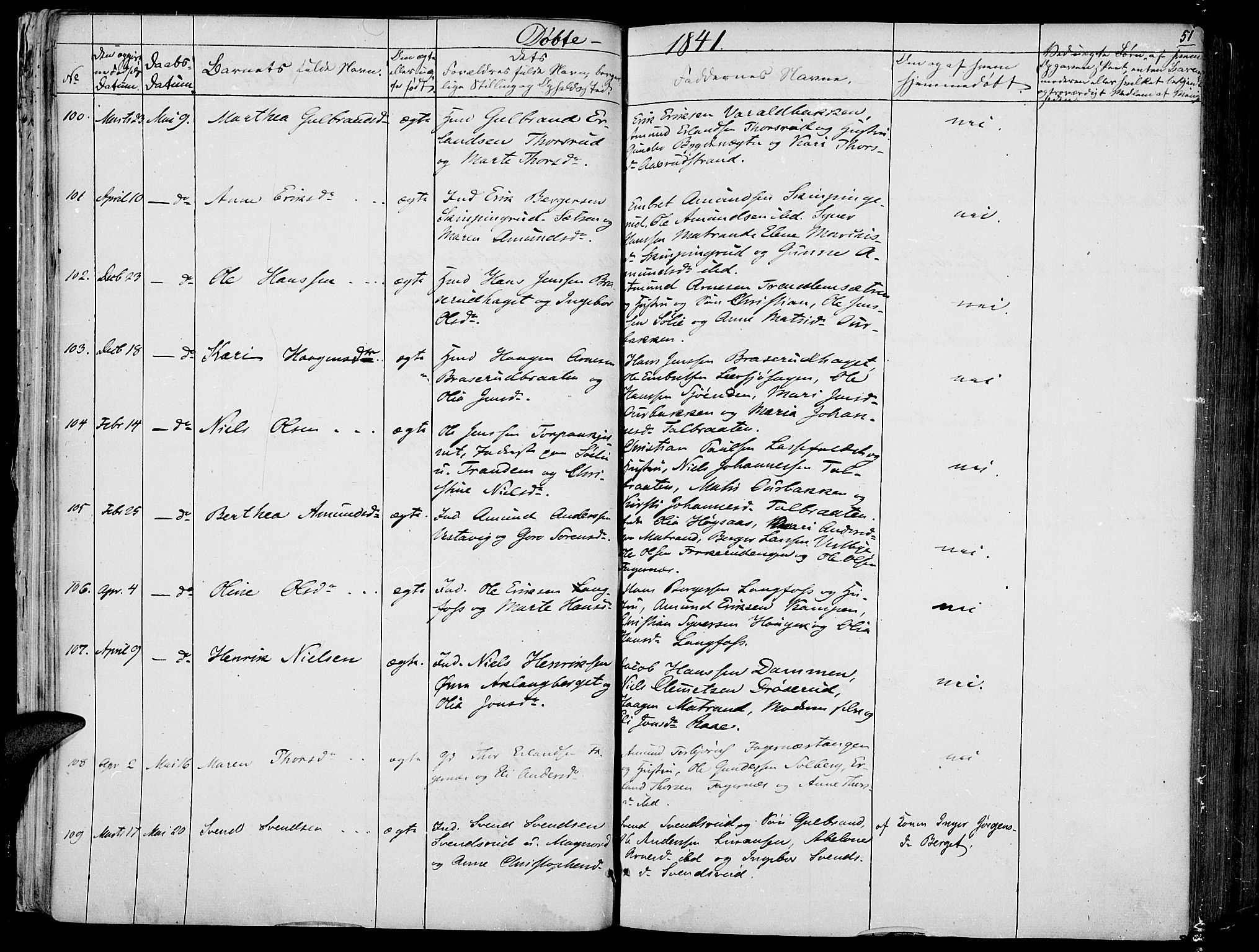 Vinger prestekontor, SAH/PREST-024/H/Ha/Haa/L0008: Parish register (official) no. 8, 1839-1847, p. 51
