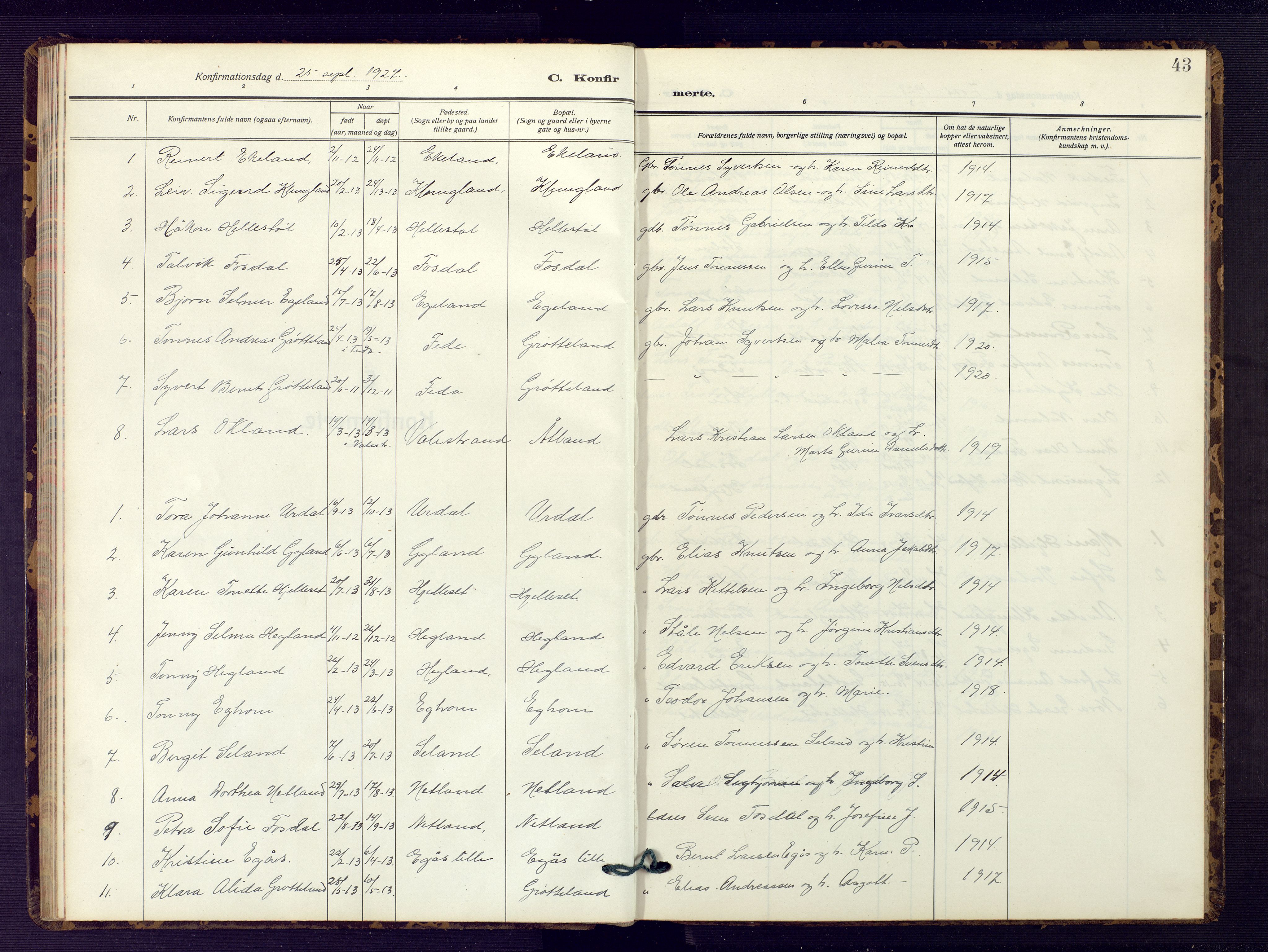 Bakke sokneprestkontor, AV/SAK-1111-0002/F/Fb/Fbb/L0005: Parish register (copy) no. B 5, 1927-1947, p. 43