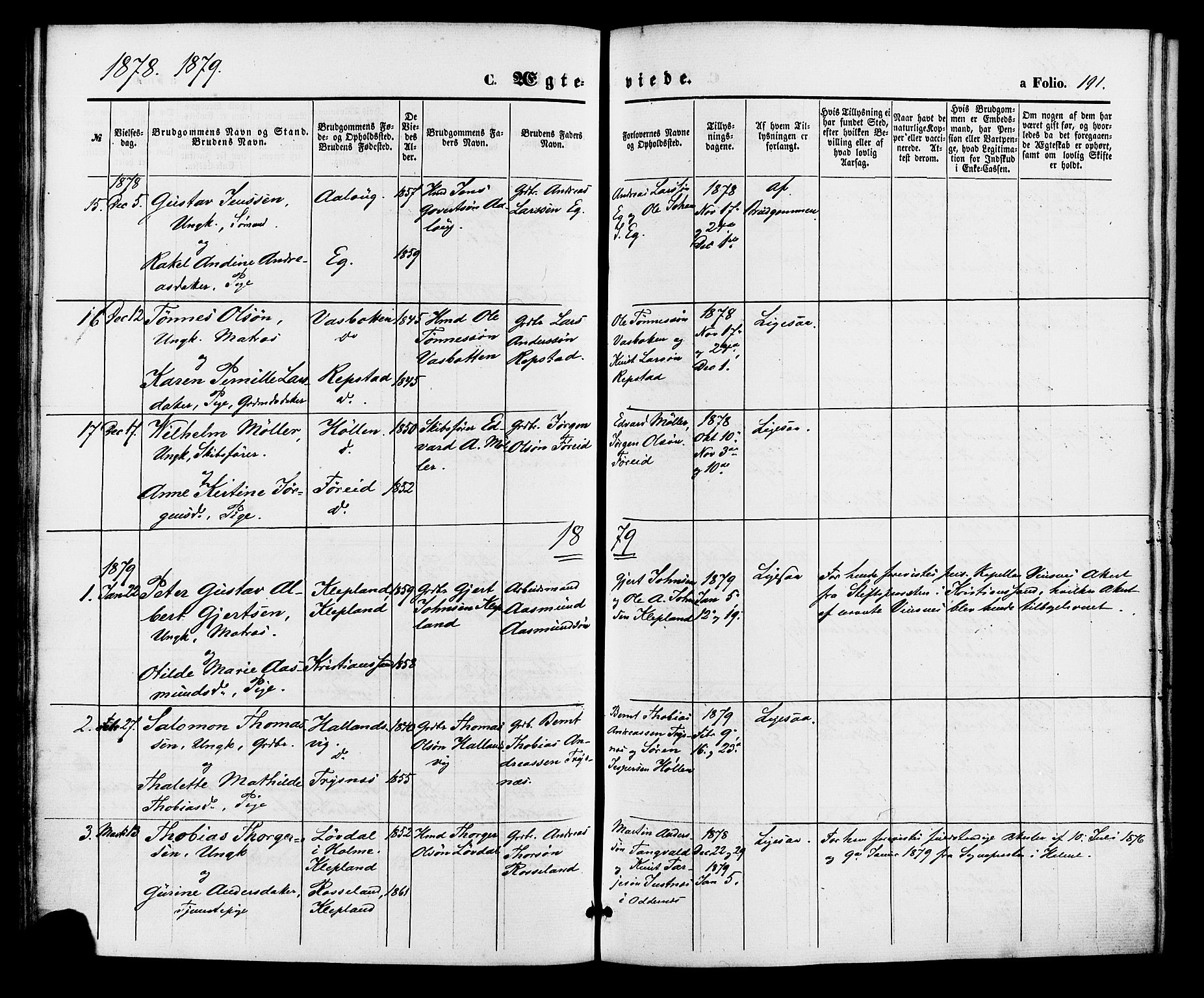 Søgne sokneprestkontor, SAK/1111-0037/F/Fa/Fab/L0011: Parish register (official) no. A 11, 1869-1879, p. 191