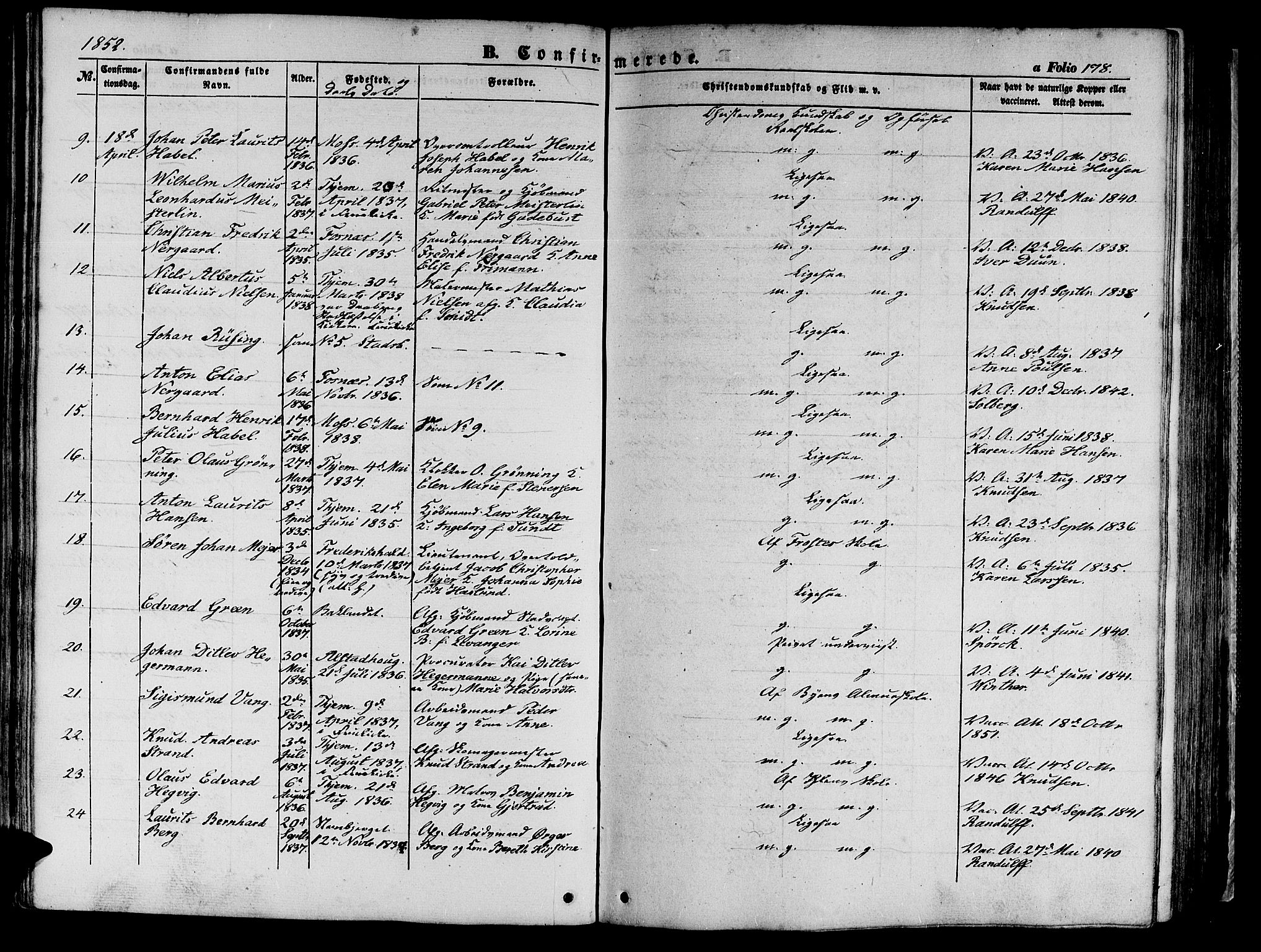 Ministerialprotokoller, klokkerbøker og fødselsregistre - Sør-Trøndelag, AV/SAT-A-1456/602/L0137: Parish register (copy) no. 602C05, 1846-1856, p. 178