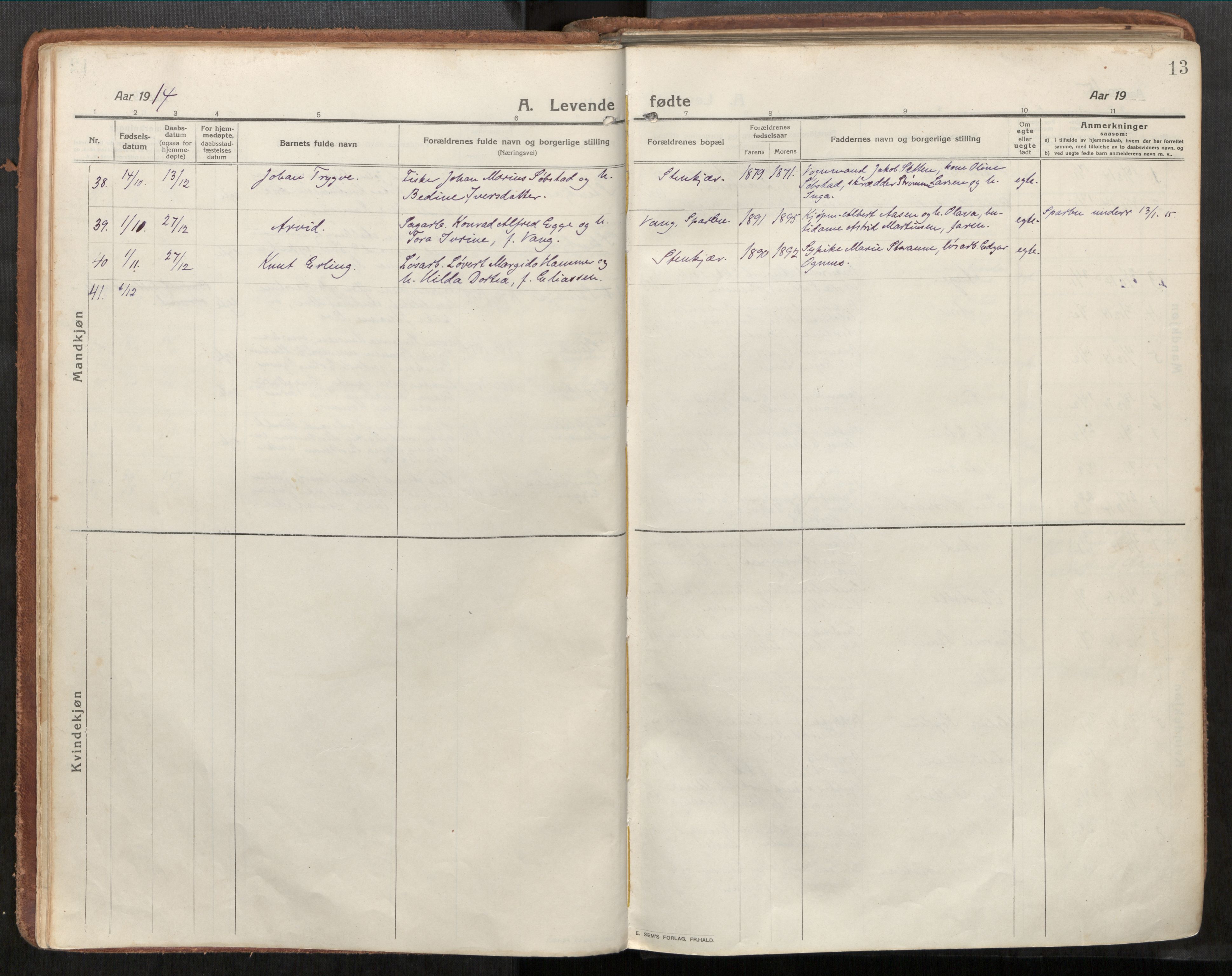Steinkjer sokneprestkontor, SAT/A-1541/01/H/Ha/Haa/L0003: Parish register (official) no. 3, 1913-1922, p. 13