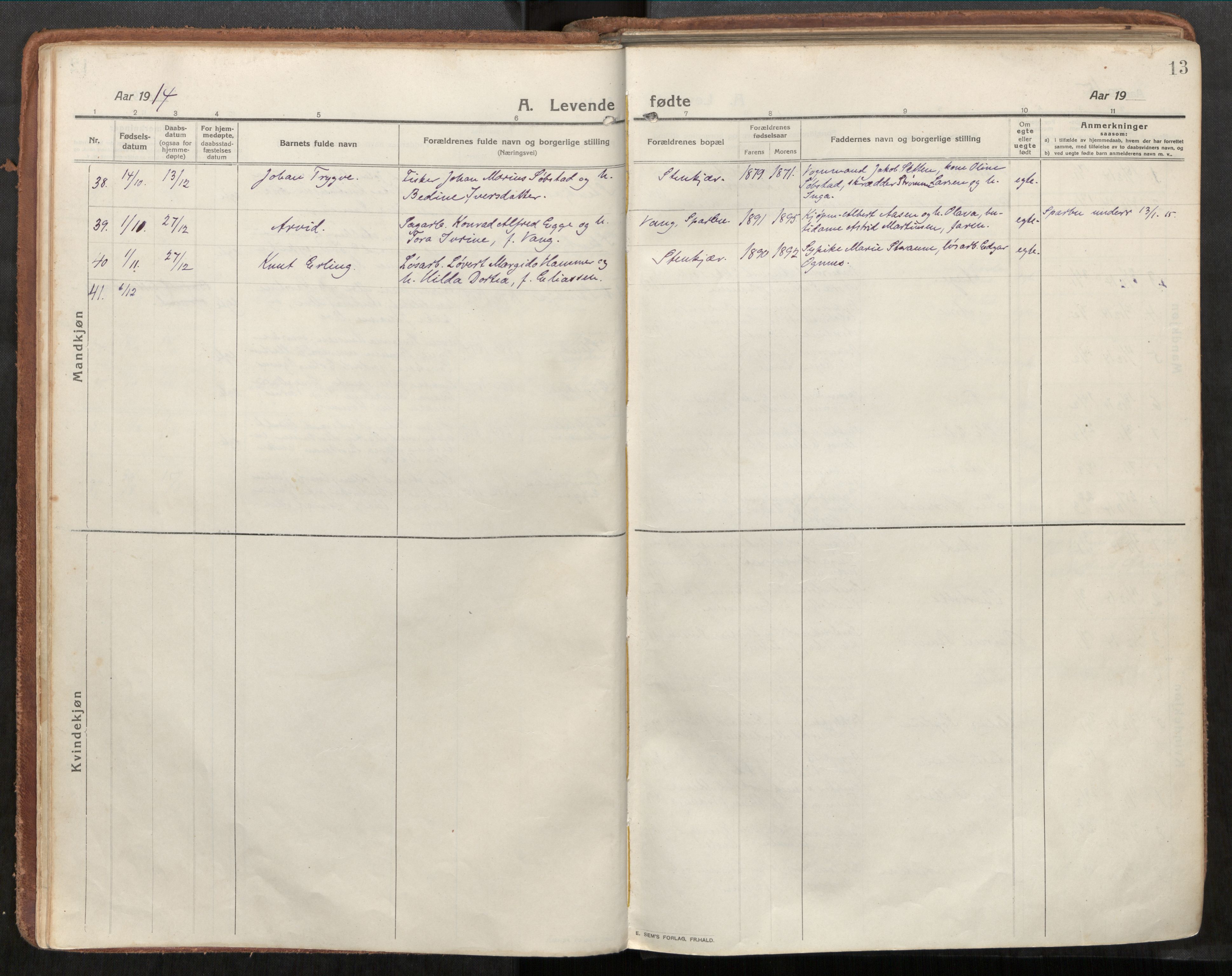 Steinkjer sokneprestkontor, AV/SAT-A-1541/01/H/Ha/Haa/L0003: Parish register (official) no. 3, 1913-1922, p. 13