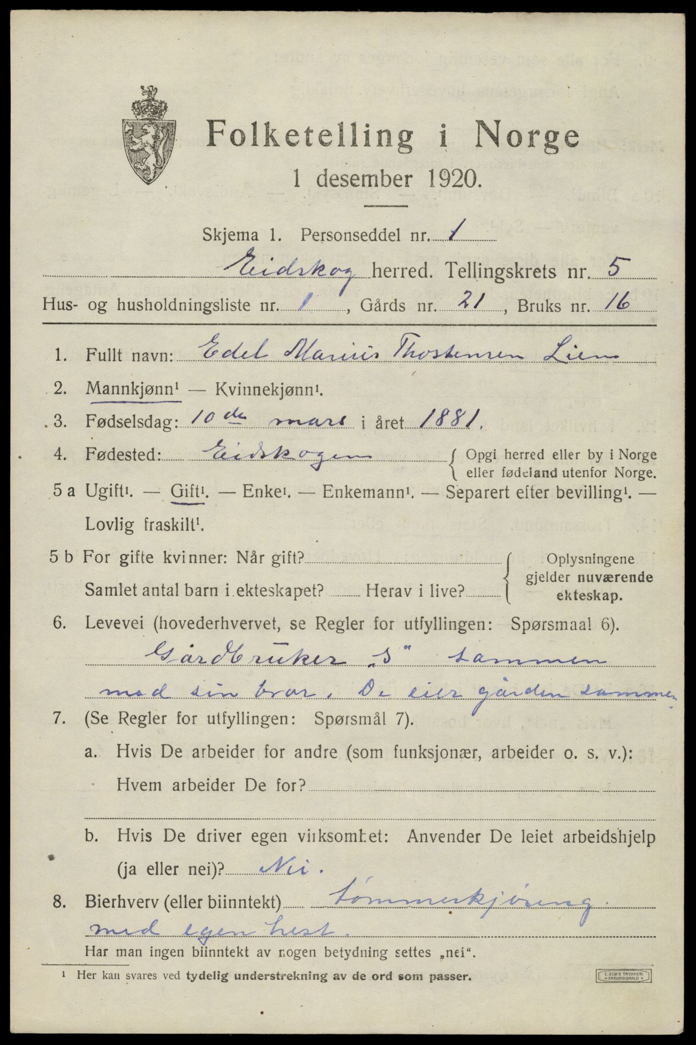 SAH, 1920 census for Eidskog, 1920, p. 5759