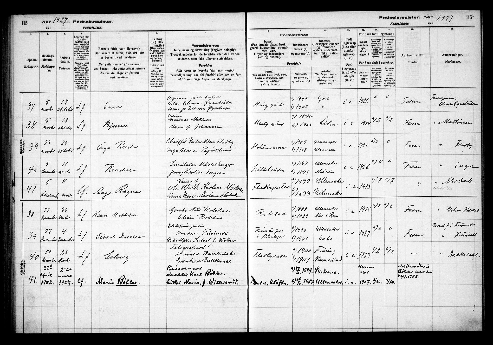 Ullensaker prestekontor Kirkebøker, SAO/A-10236a/J/Ja/L0001: Birth register no. 1, 1916-1938, p. 115