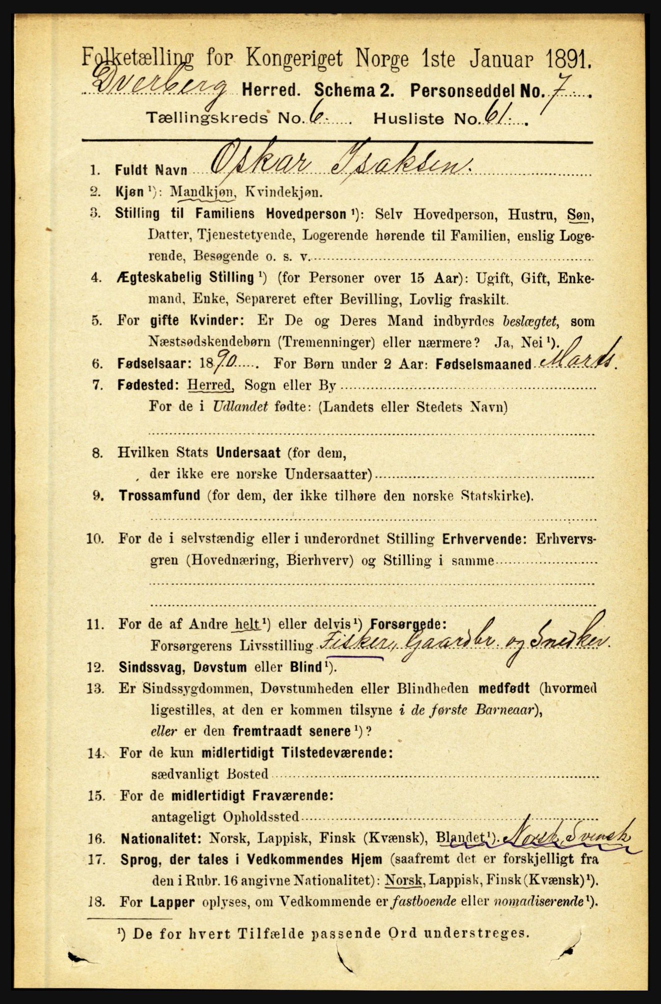 RA, 1891 census for 1872 Dverberg, 1891, p. 2498