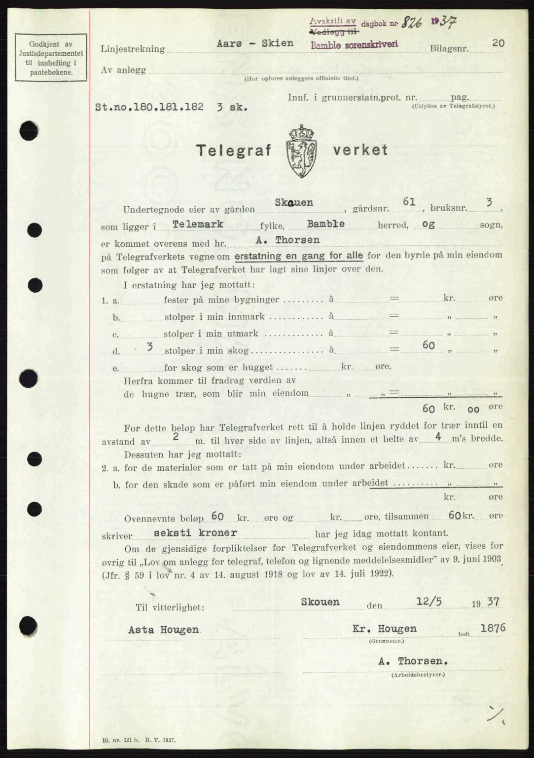 Bamble sorenskriveri, AV/SAKO-A-214/G/Ga/Gag/L0002: Mortgage book no. A-2, 1937-1938, Diary no: : 826/1937