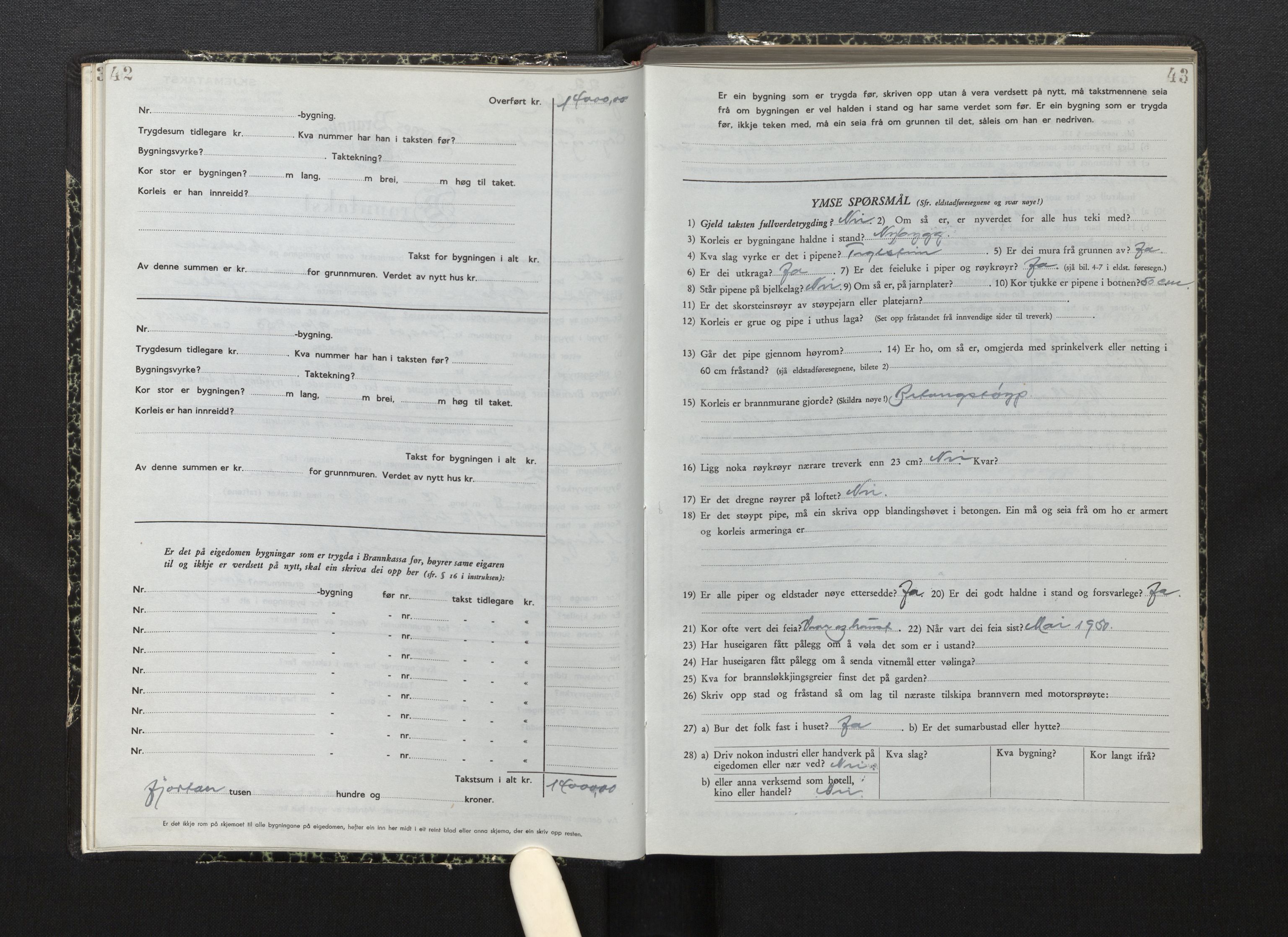 Lensmannen i Jostedal, SAB/A-28601/0012/L0007: Branntakstprotokoll, skjematakst, 1949-1955, p. 42-43