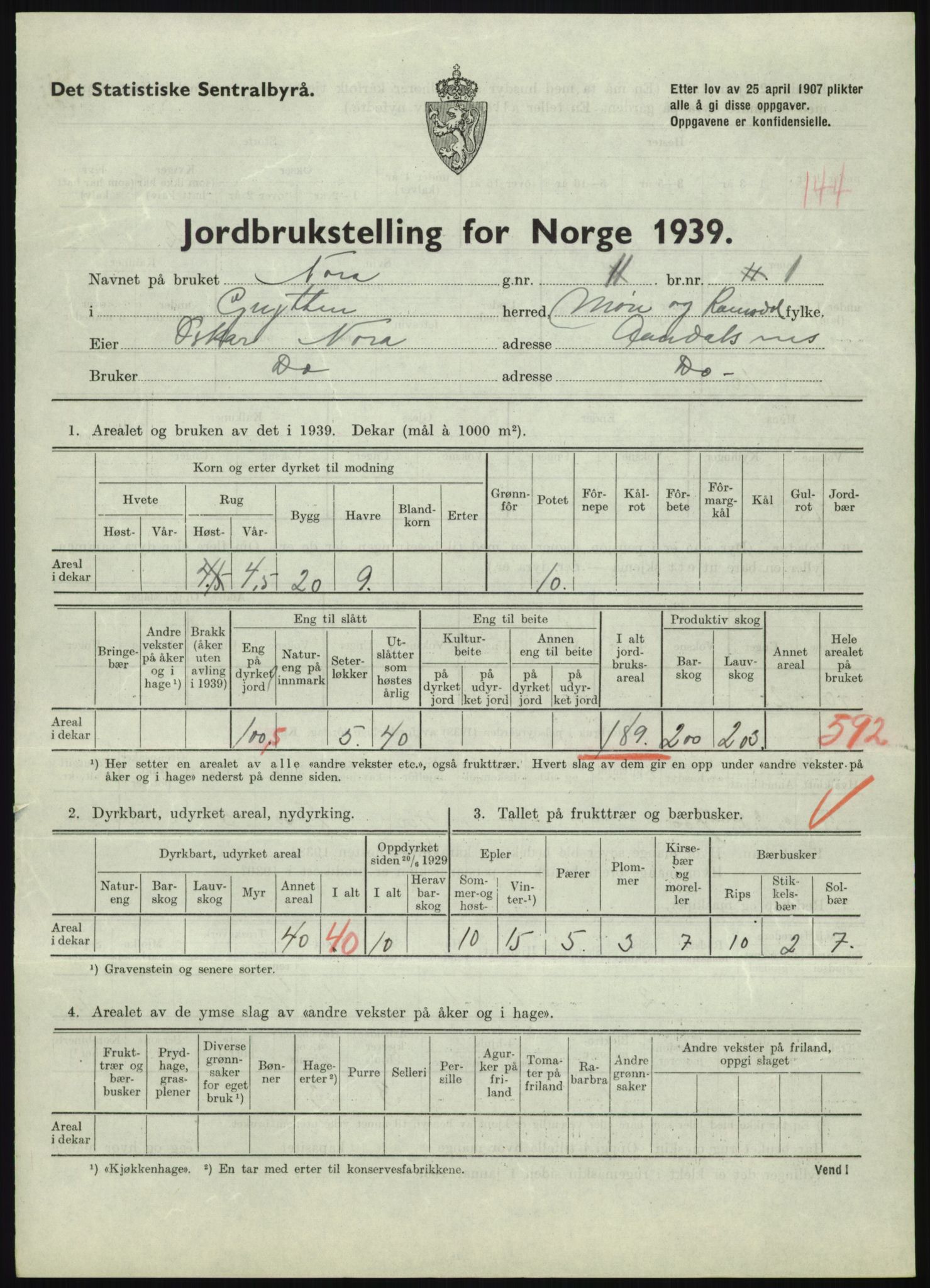 Statistisk sentralbyrå, Næringsøkonomiske emner, Jordbruk, skogbruk, jakt, fiske og fangst, AV/RA-S-2234/G/Gb/L0251: Møre og Romsdal: Voll, Eid, Grytten og Hen, 1939, p. 869