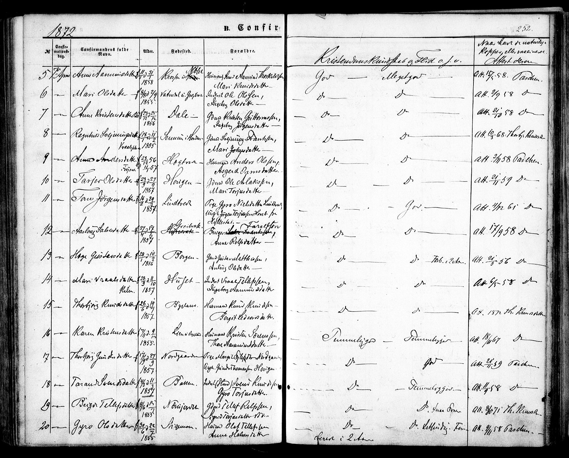 Bygland sokneprestkontor, AV/SAK-1111-0006/F/Fa/Fab/L0005: Parish register (official) no. A 5, 1859-1873, p. 252