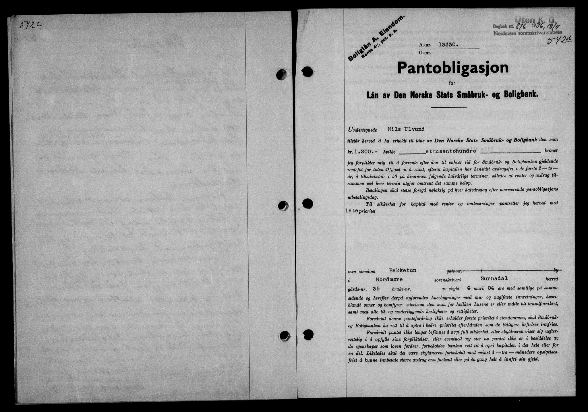 Nordmøre sorenskriveri, AV/SAT-A-4132/1/2/2Ca/L0087: Mortgage book no. 77, 1935-1936, Deed date: 18.04.1936