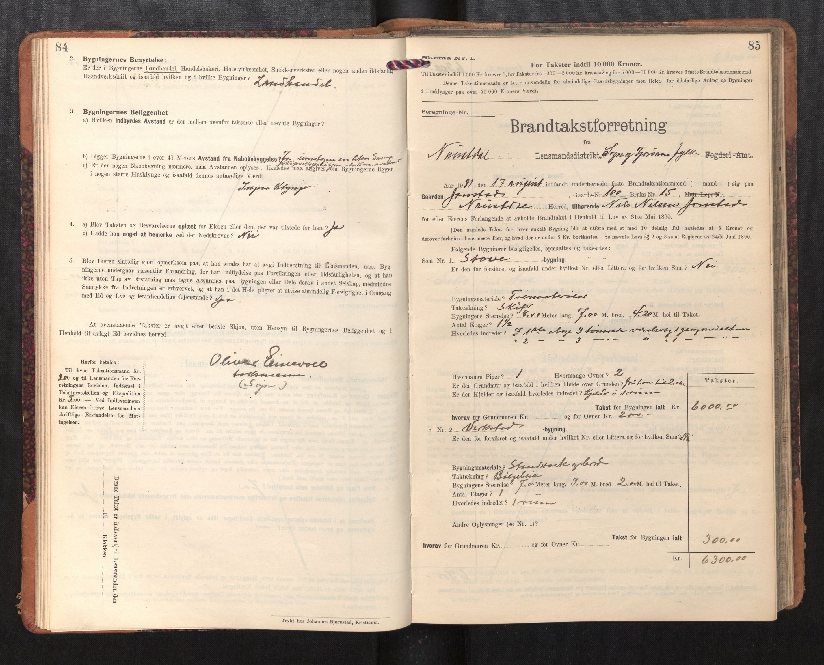 Lensmannen i Naustdal, AV/SAB-A-29501/0012/L0002: Branntakstprotokoll, skjematakst, 1911-1953, p. 84-85
