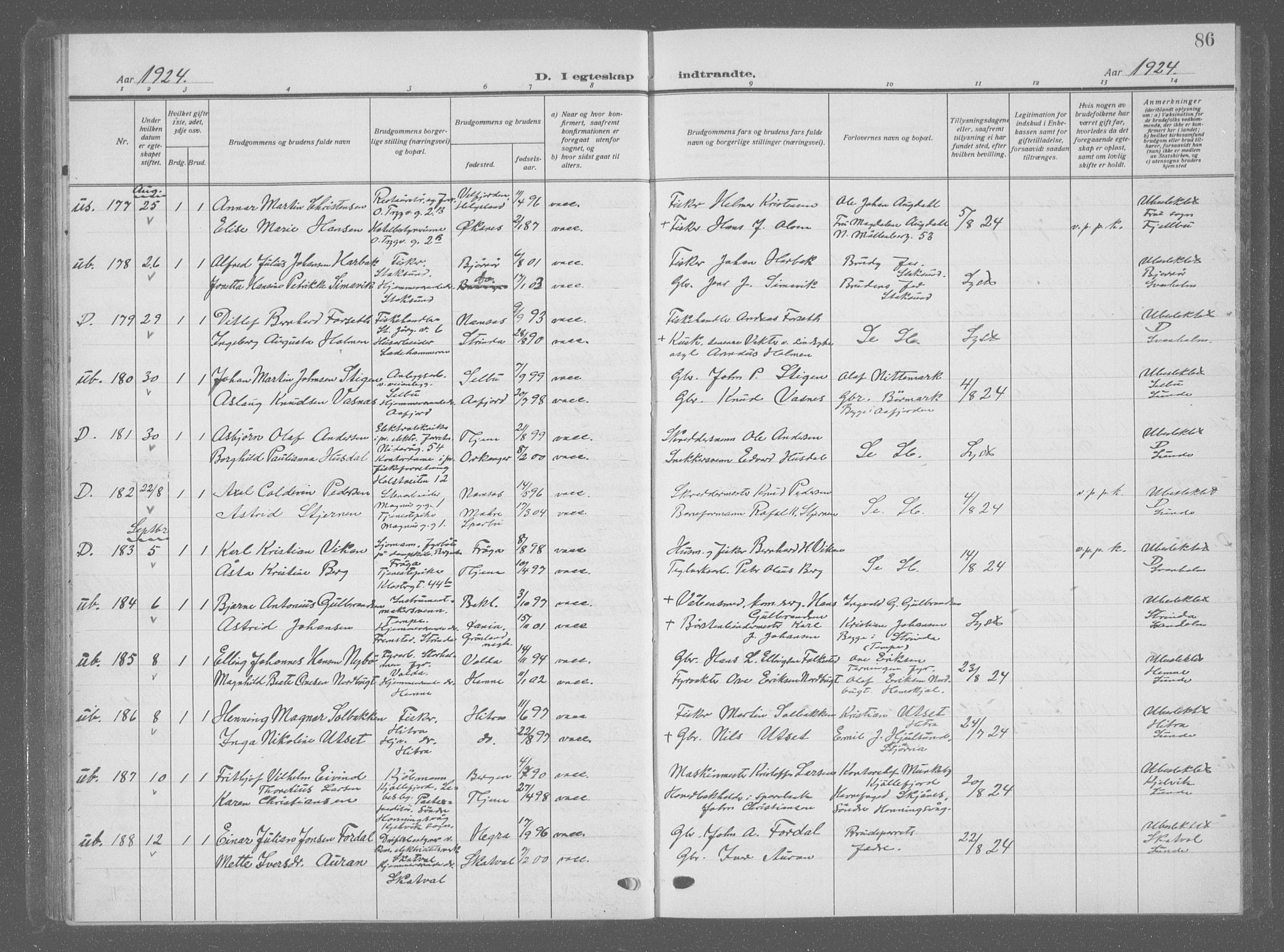 Ministerialprotokoller, klokkerbøker og fødselsregistre - Sør-Trøndelag, SAT/A-1456/601/L0098: Parish register (copy) no. 601C16, 1921-1934, p. 86