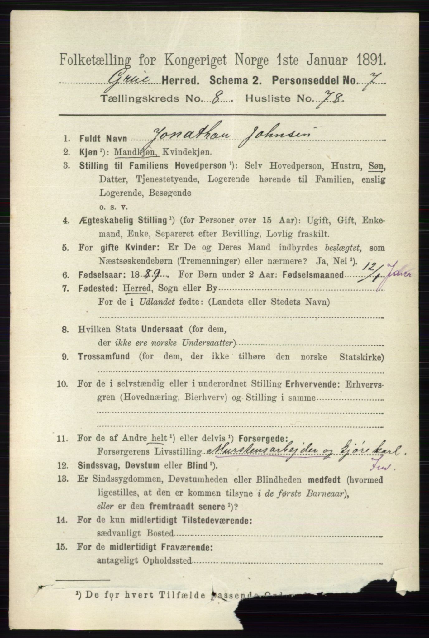 RA, 1891 census for 0423 Grue, 1891, p. 4803