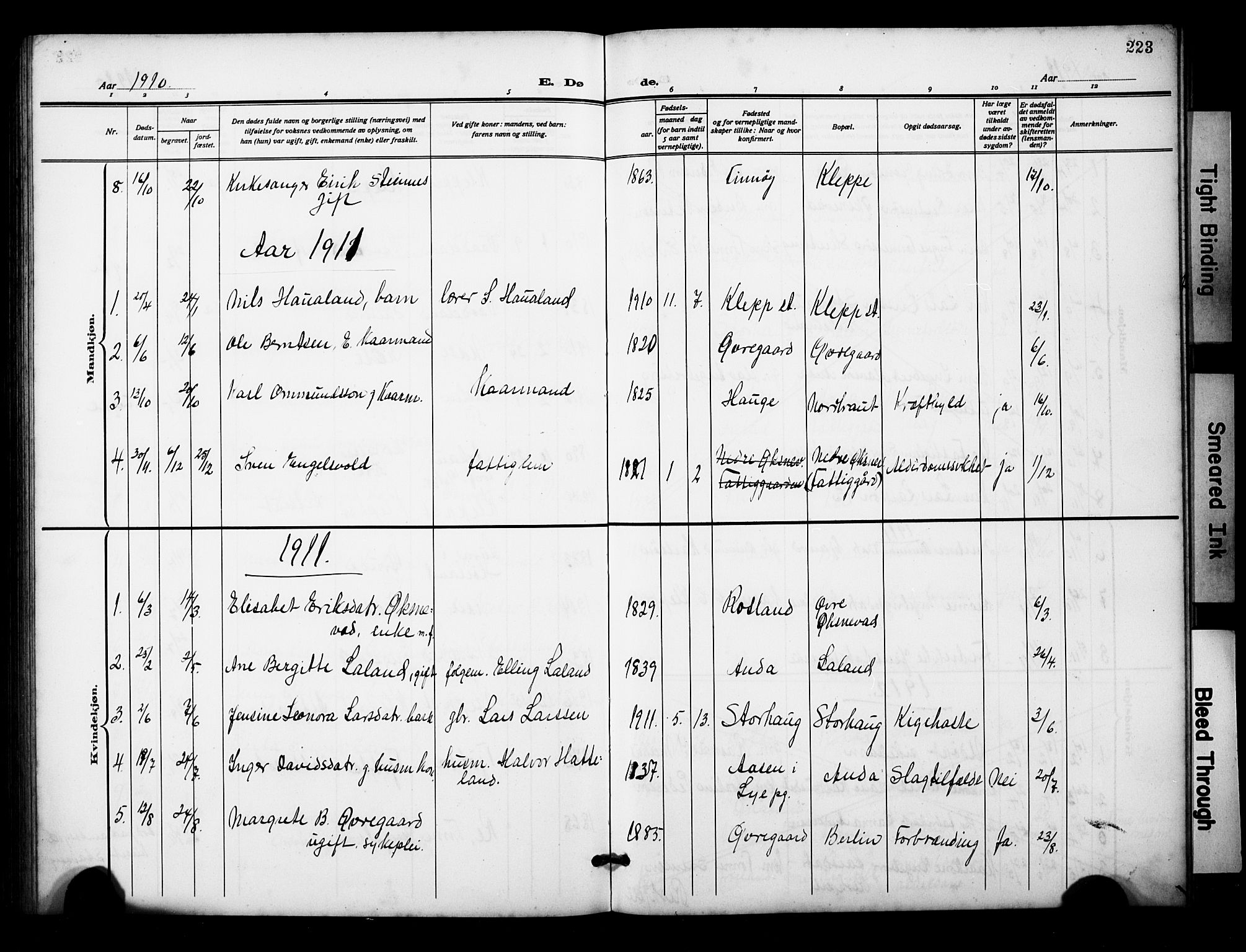 Klepp sokneprestkontor, AV/SAST-A-101803/001/3/30BB/L0007: Parish register (copy) no. B 7, 1908-1934, p. 223