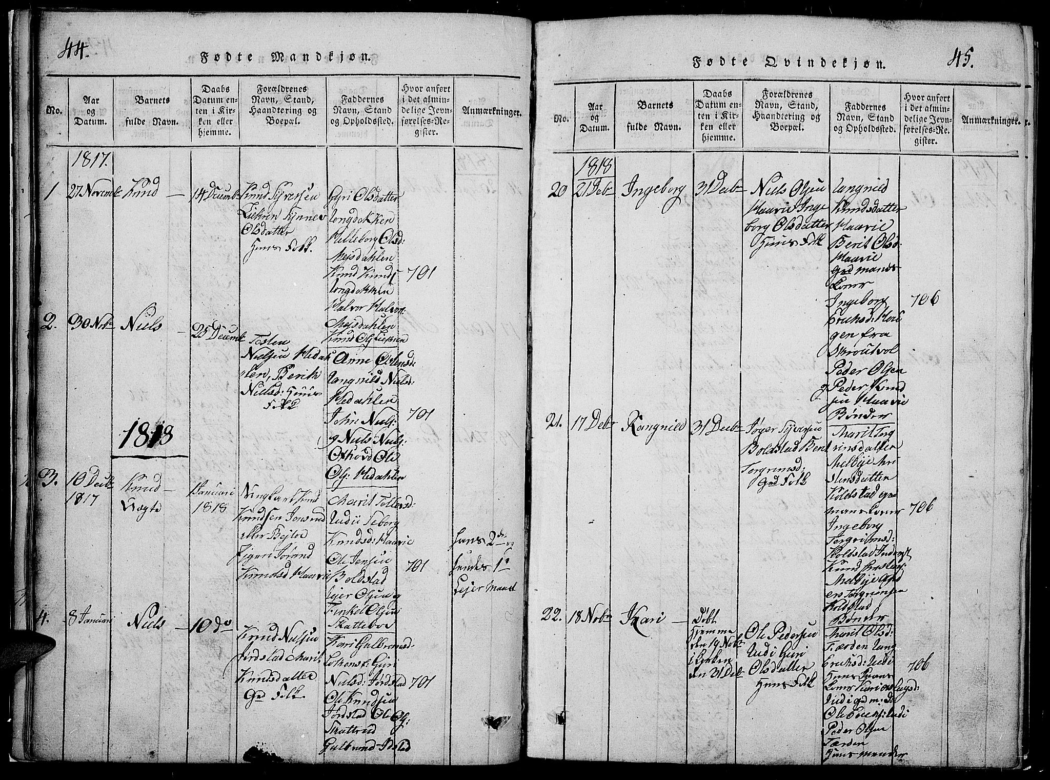 Slidre prestekontor, SAH/PREST-134/H/Ha/Hab/L0002: Parish register (copy) no. 2, 1814-1839, p. 44-45