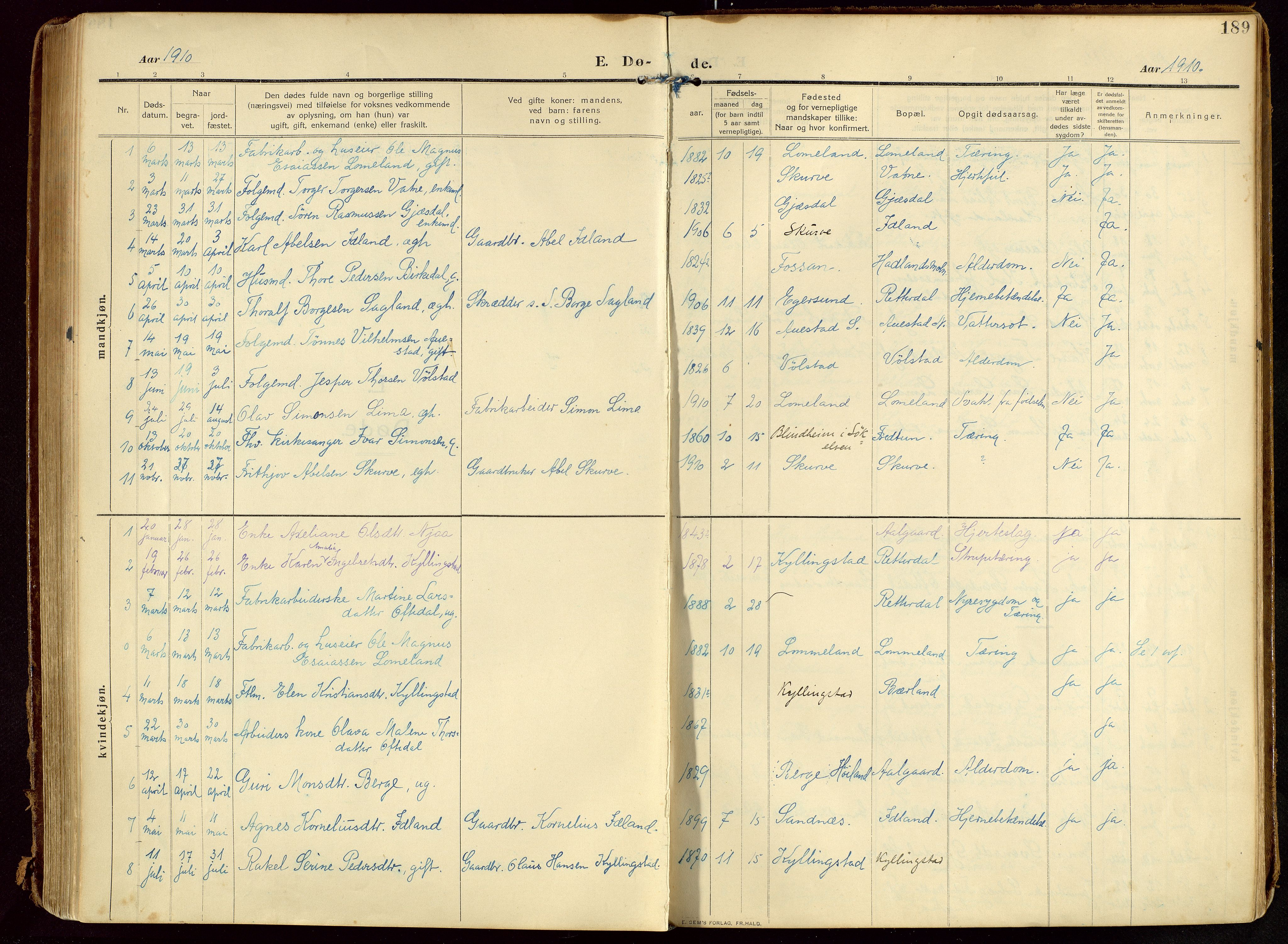 Lye sokneprestkontor, SAST/A-101794/002/B/L0001: Parish register (official) no. A 13, 1910-1925, p. 189