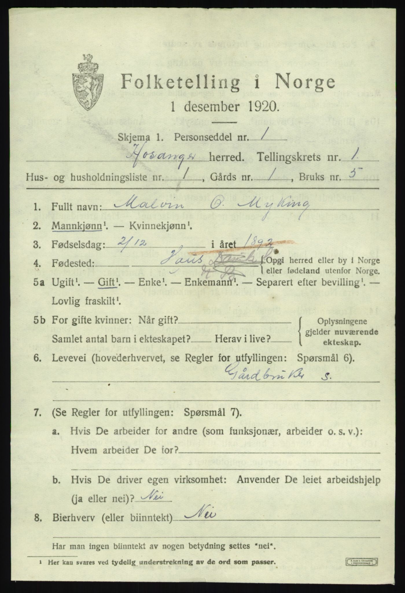 SAB, 1920 census for Hosanger, 1920, p. 917